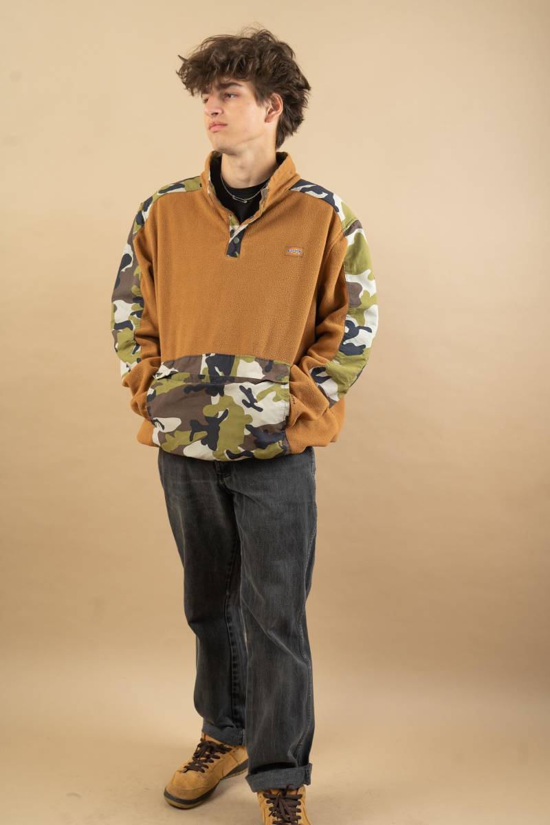 Vintage Dickies Fleece Sweater Quarterzip Jumper Mustard Camouflage Pattern Size L Y2K 90S von nonaClothingVintage