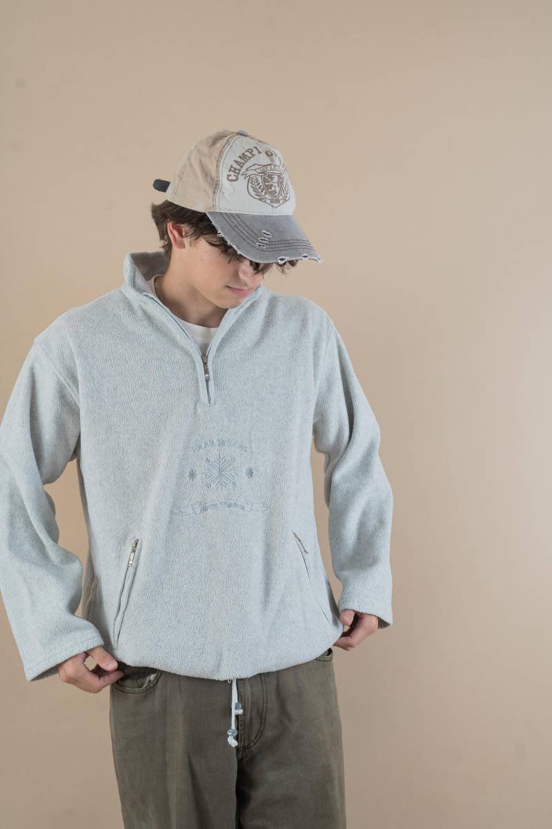 Vintage Fleece Jumper Sweater Grey Quaterzip Floral Pattern Size L 80S 90S von nonaClothingVintage