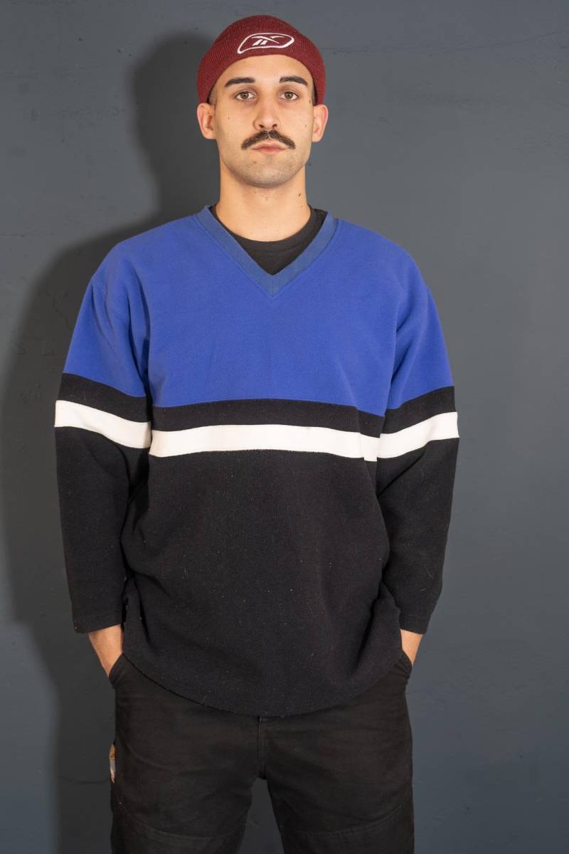 Vintage Fleece Jumper V-Neck Blue & Black Polar Sweater Size Xl 90S Gender Neutral Striped Pattern von nonaClothingVintage