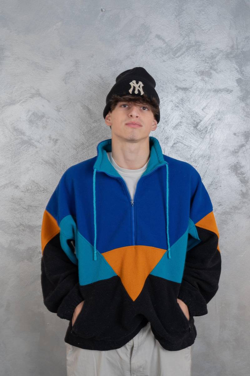 Vintage Fleece Polar Jumper Blue Black Yellow Crazy Pattern Size Xl 80S Second Hand von nonaClothingVintage
