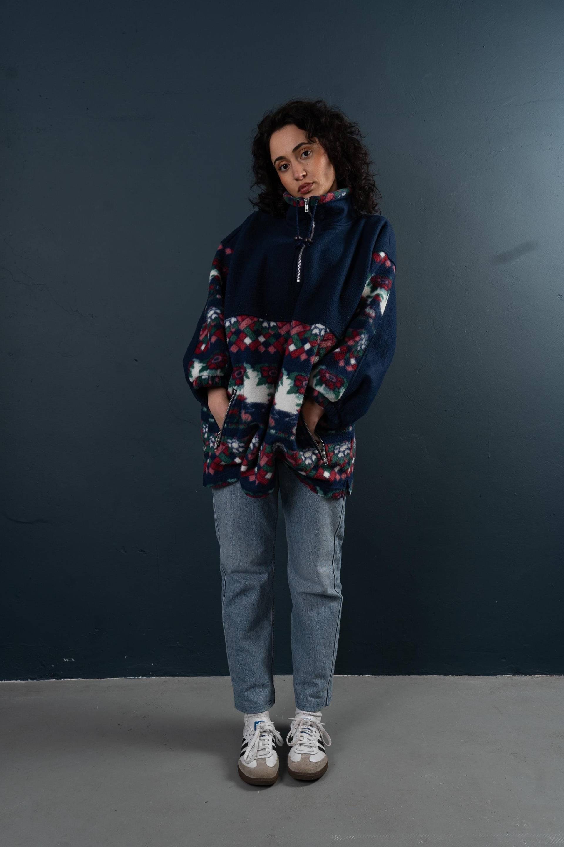 Vintage Fleece Polar Jumper Sweater Black Abstract Crazy Floral Pattern Oversized Size Xxl 80S 90S Quarter Zip von nonaClothingVintage