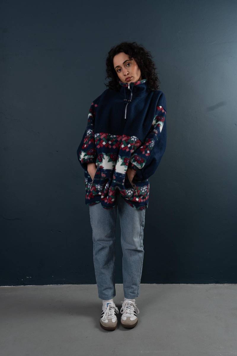 Vintage Fleece Polar Jumper Sweater Black Abstract Crazy Floral Pattern Oversized Size Xxl 80S 90S Quarter Zip von nonaClothingVintage