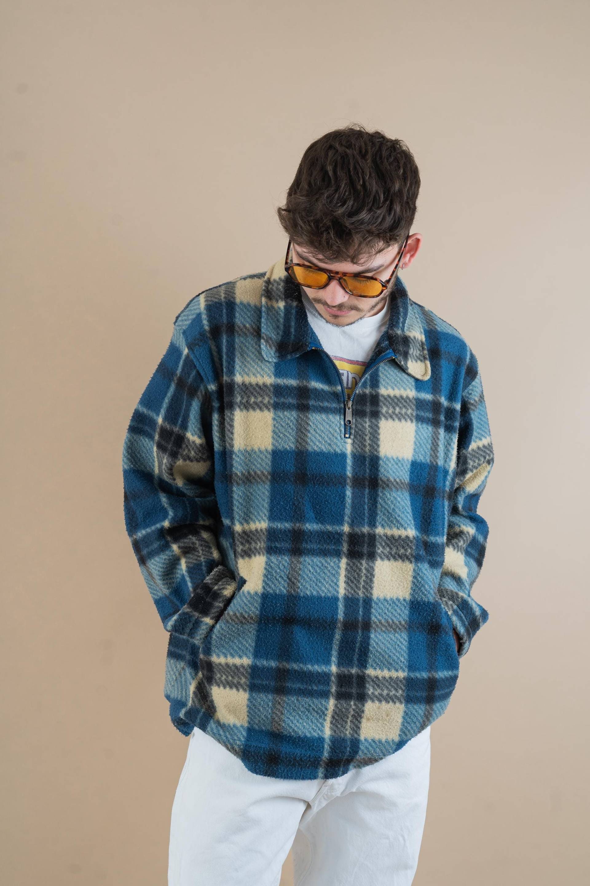 Vintage Fleece Polar Lumberjack Shirt Blue Cream Check Pattern Size L 80S 90S von nonaClothingVintage