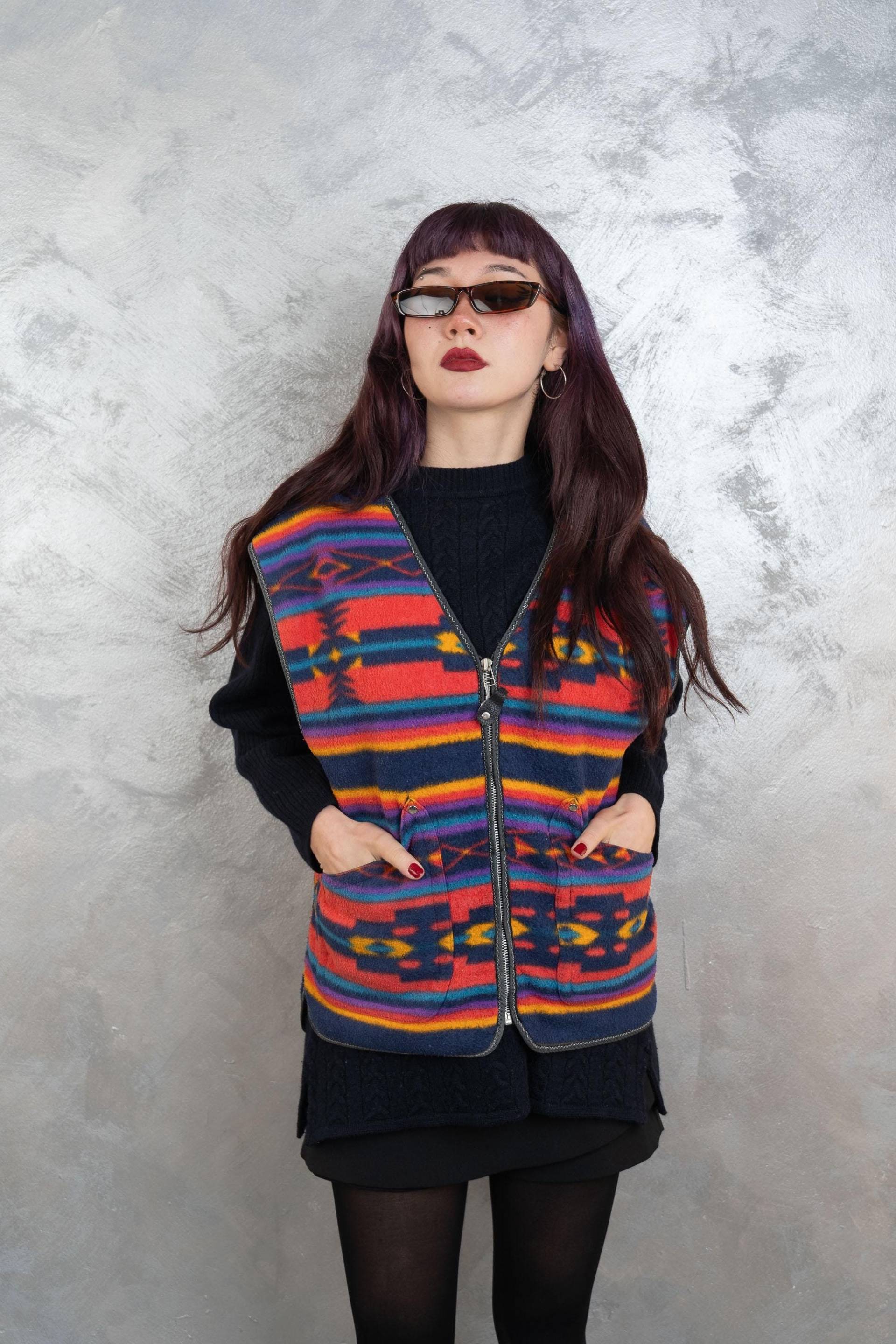 Vintage Fleece Vest Polar Oversized Crazy Pattern Gender Neutral 80S 90S Blue Red Size M von nonaClothingVintage