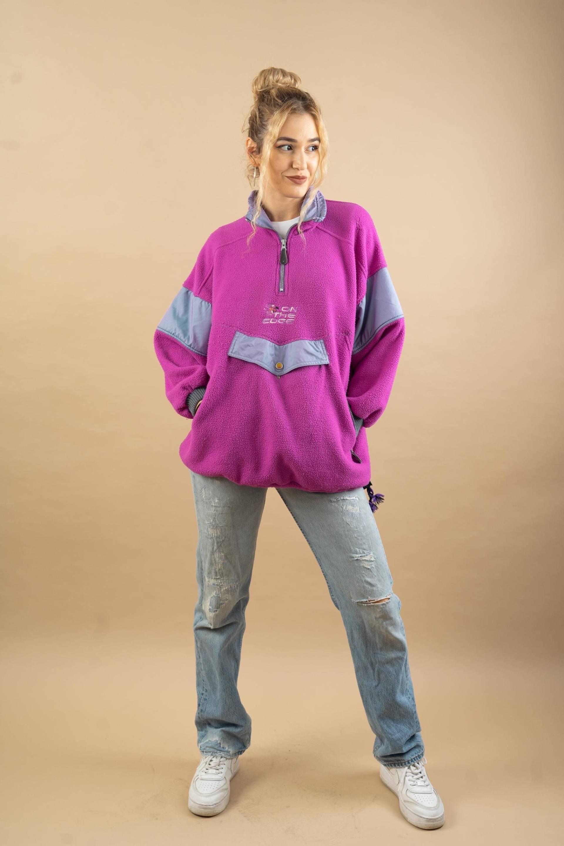 Vintage Fleece Zip Up Jumper Turqoise & Pink Size M - L Funky Polar Sweater With Front Pocket 80S 90S von nonaClothingVintage