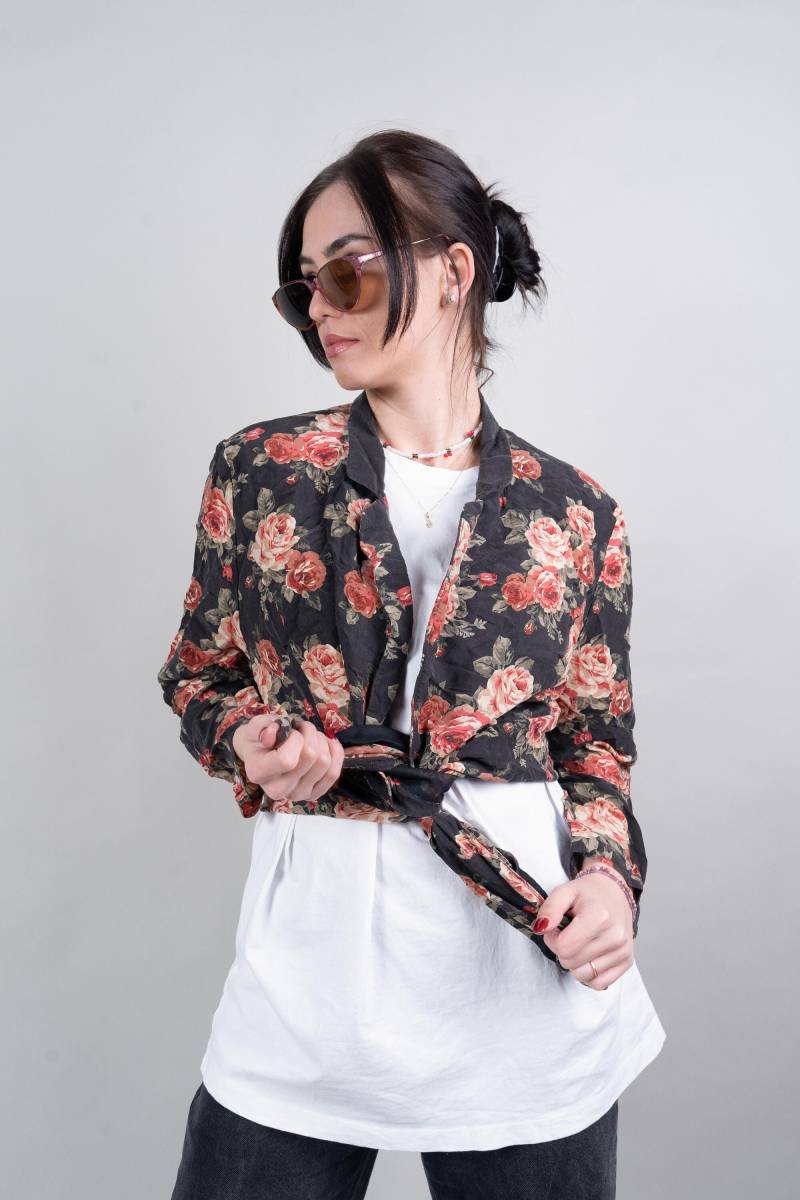 Vintage Floral Blazer Black & Bronze Rose Size L Cotton Shirt 80S 90S von nonaClothingVintage