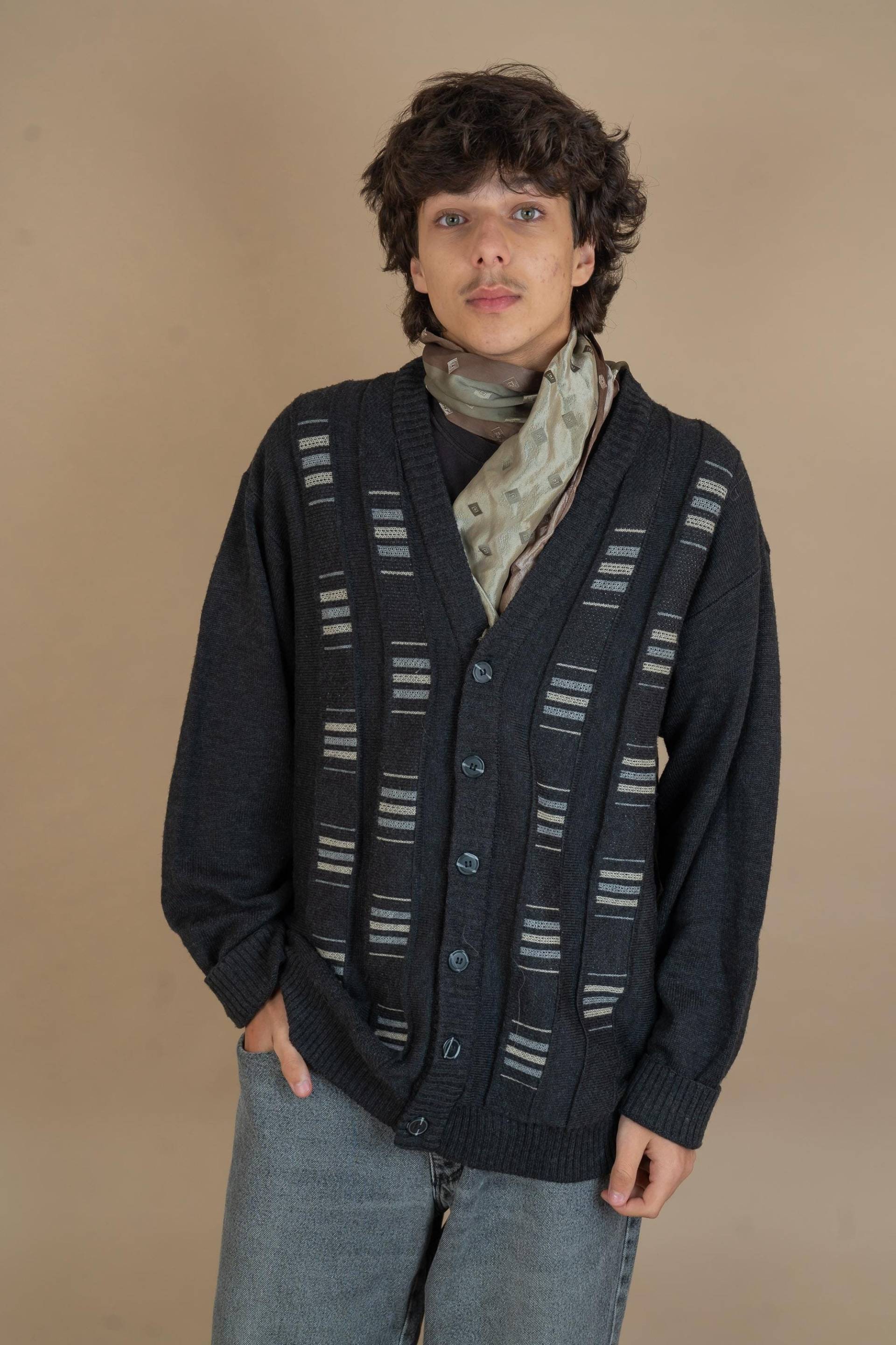 Vintage Grandpa Cardigan Sweater Cotton Blend Grey Crazy Pattern Size Xl 80S 90 Gender Neutral Second Hand von nonaClothingVintage