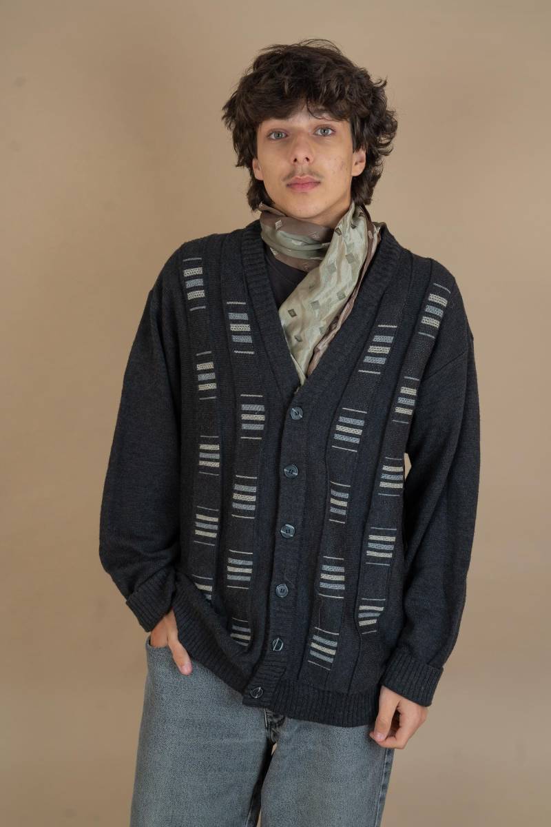Vintage Grandpa Cardigan Sweater Cotton Blend Grey Crazy Pattern Size Xl 80S 90 Gender Neutral Second Hand von nonaClothingVintage