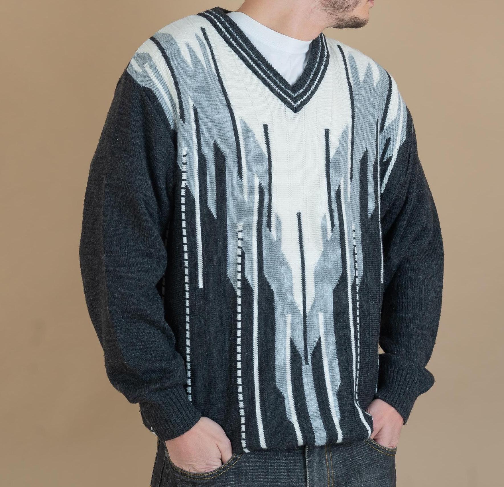 Vintage Grandpa Sweater Grey White Blue Abstract Geometrical Pattern Size L Knitted 90S Gender Neutral Coogi Style von nonaClothingVintage