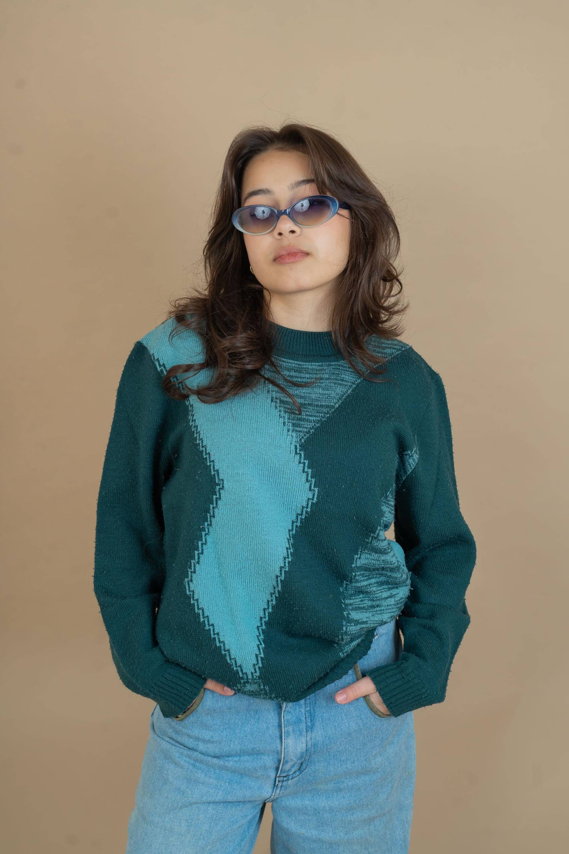 Vintage Grandpa Sweater Knitted Green Blue Turquoise Size S/M Mixed Gender Neutral Abstract Pattern 80S 90S von nonaClothingVintage