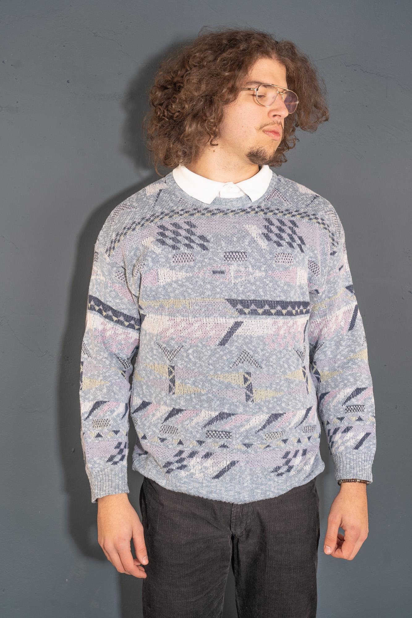 Vintage Grey Pastel Abstract Blue Pattern Size L Knit Sweater Jumper 80S 90S von nonaClothingVintage