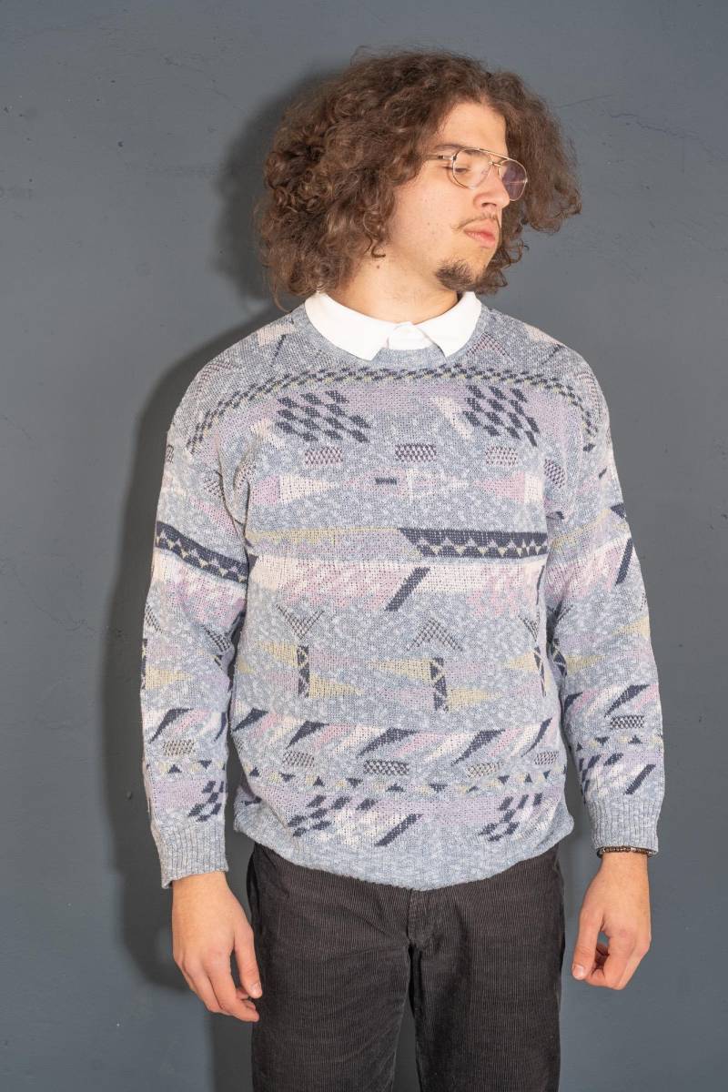 Vintage Grey Pastel Abstract Blue Pattern Size L Knit Sweater Jumper 80S 90S von nonaClothingVintage