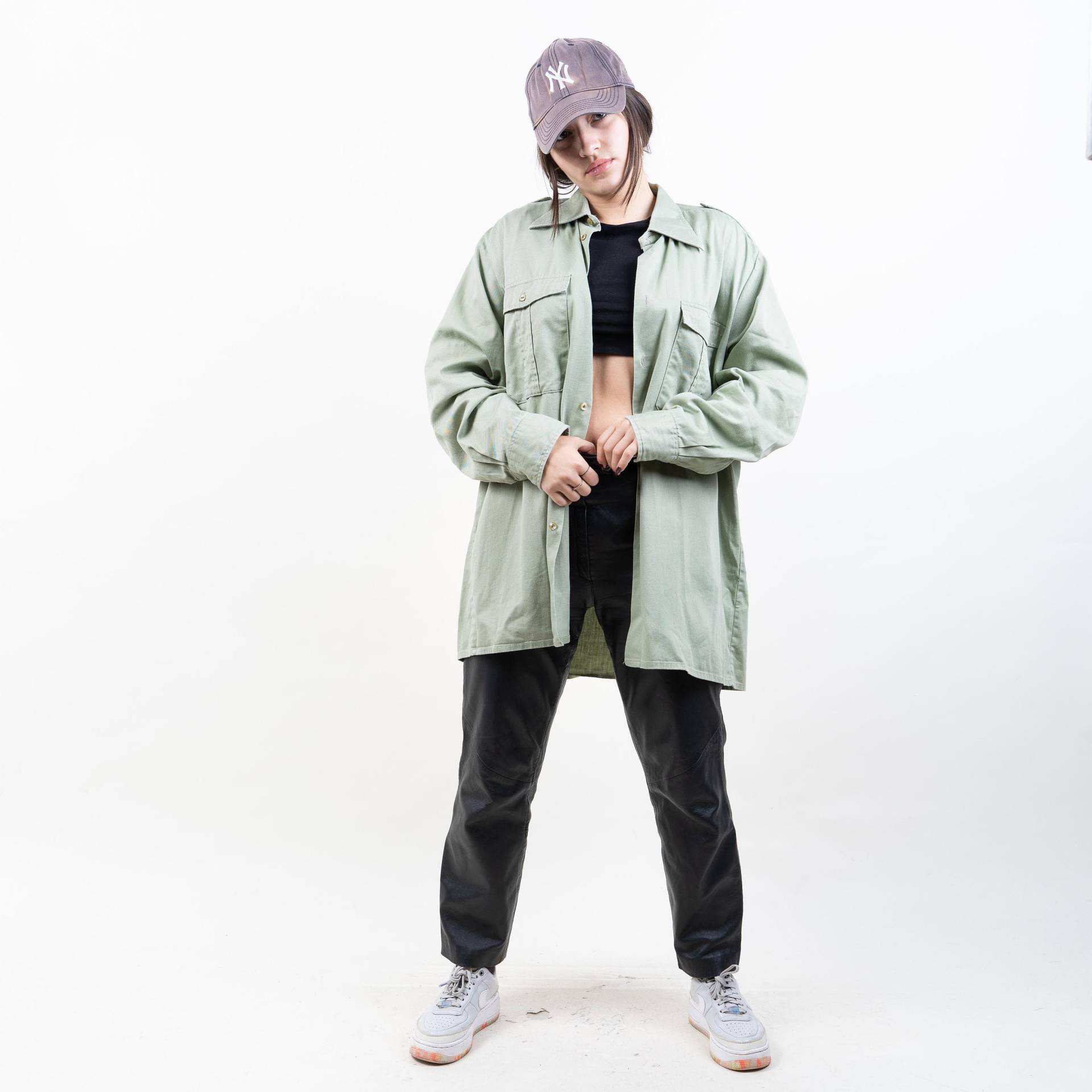 Vintage Hard Cotton Shirt Green Pastel Oversized Size Xl 80S 90S von nonaClothingVintage