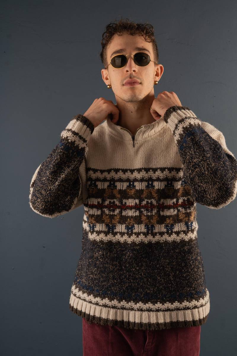 Vintage High Neck Grandpa Sweater Knitted Crazy Abstract Pattern Brown Beige Size M 90S Cotton Blend von nonaClothingVintage