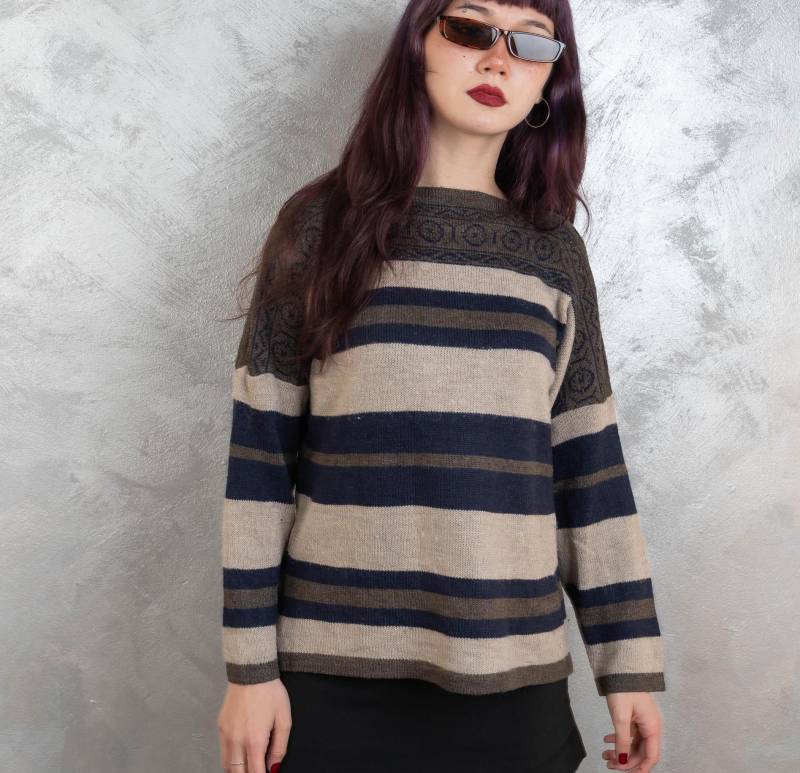 Vintage Jumper Brown Beige Striped Pattern Granny Sweater 90S Size M/L Cotton Abstract Crazy Blue von nonaClothingVintage
