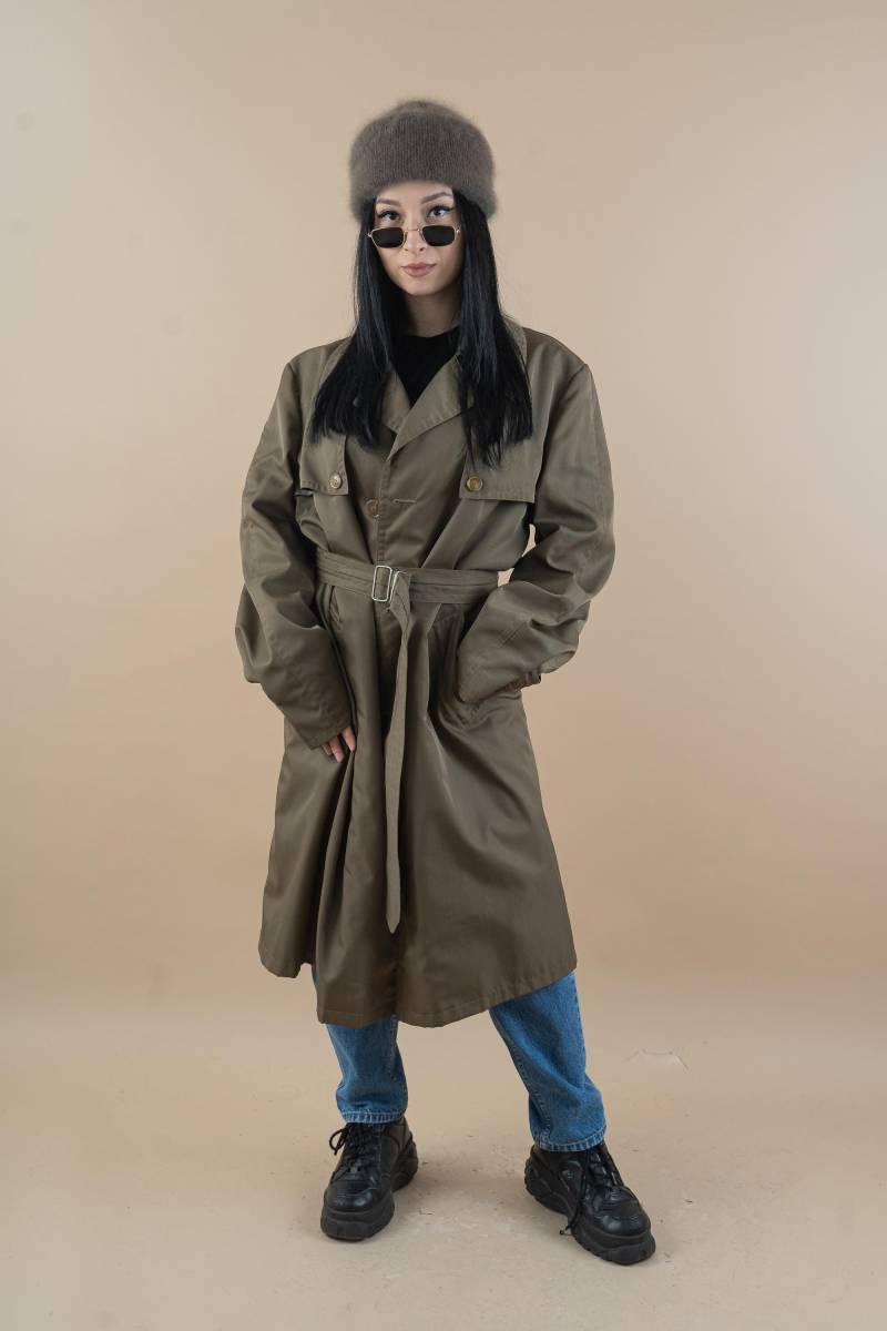 Vintage Khaki Trench Coat Overcoat Hard Cotton Gender Neutral Oversized 80S 90S von nonaClothingVintage