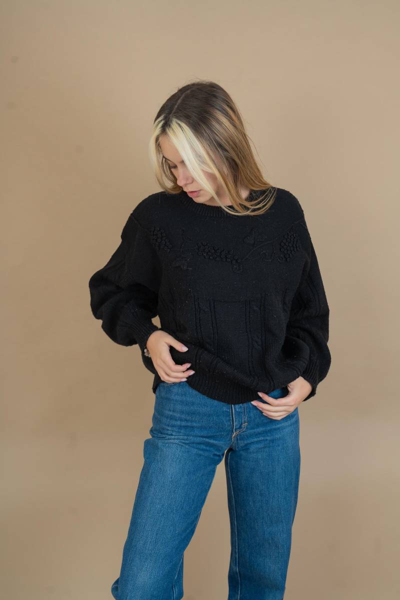 Vintage Knitted Sweater Black Abstract Crazy Pattern Size M Wool Blend Gender Neutral 80S 90S von nonaClothingVintage