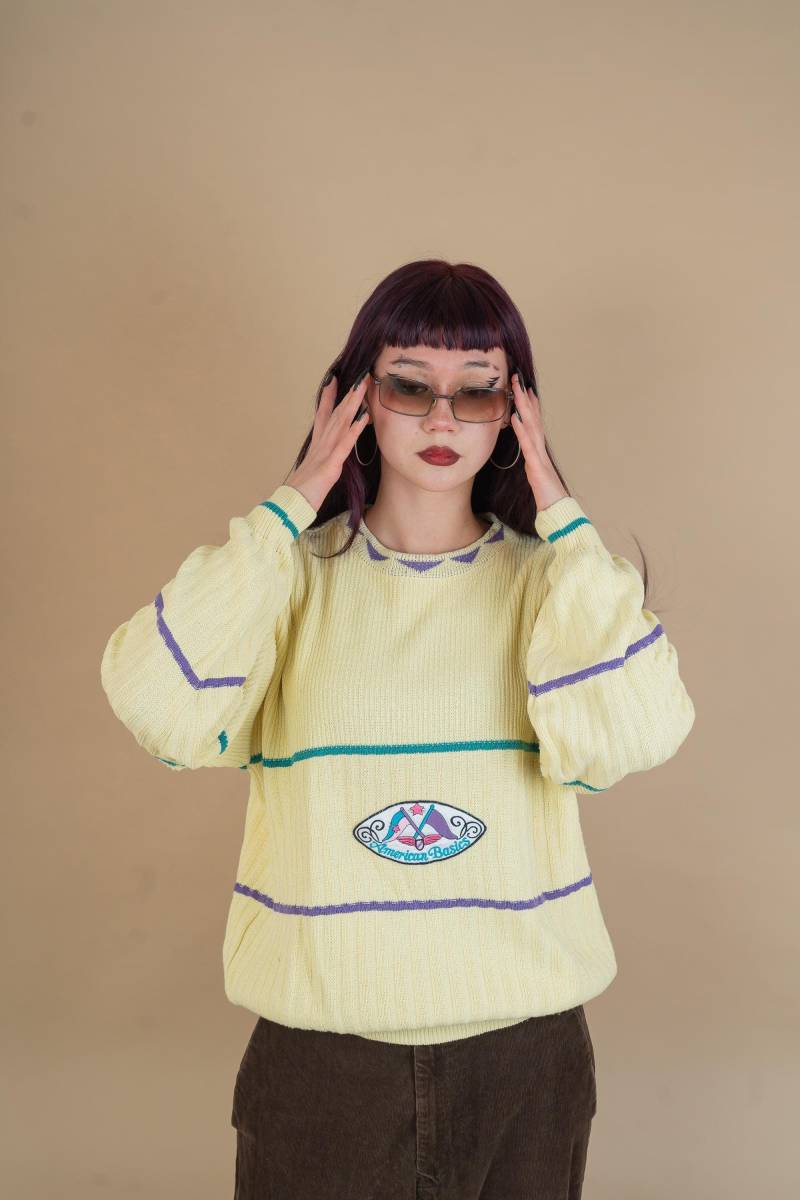 Vintage Knitted Sweater Yellow Oversized Knit Pattern Granny 90S von nonaClothingVintage
