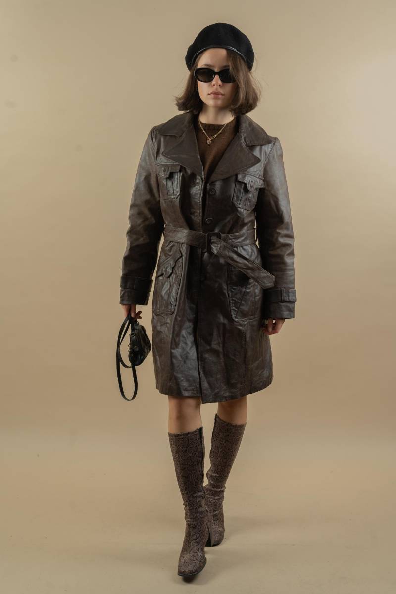 Vintage Leather Coat Dark Brown With Belt Size S 80S 90S von nonaClothingVintage