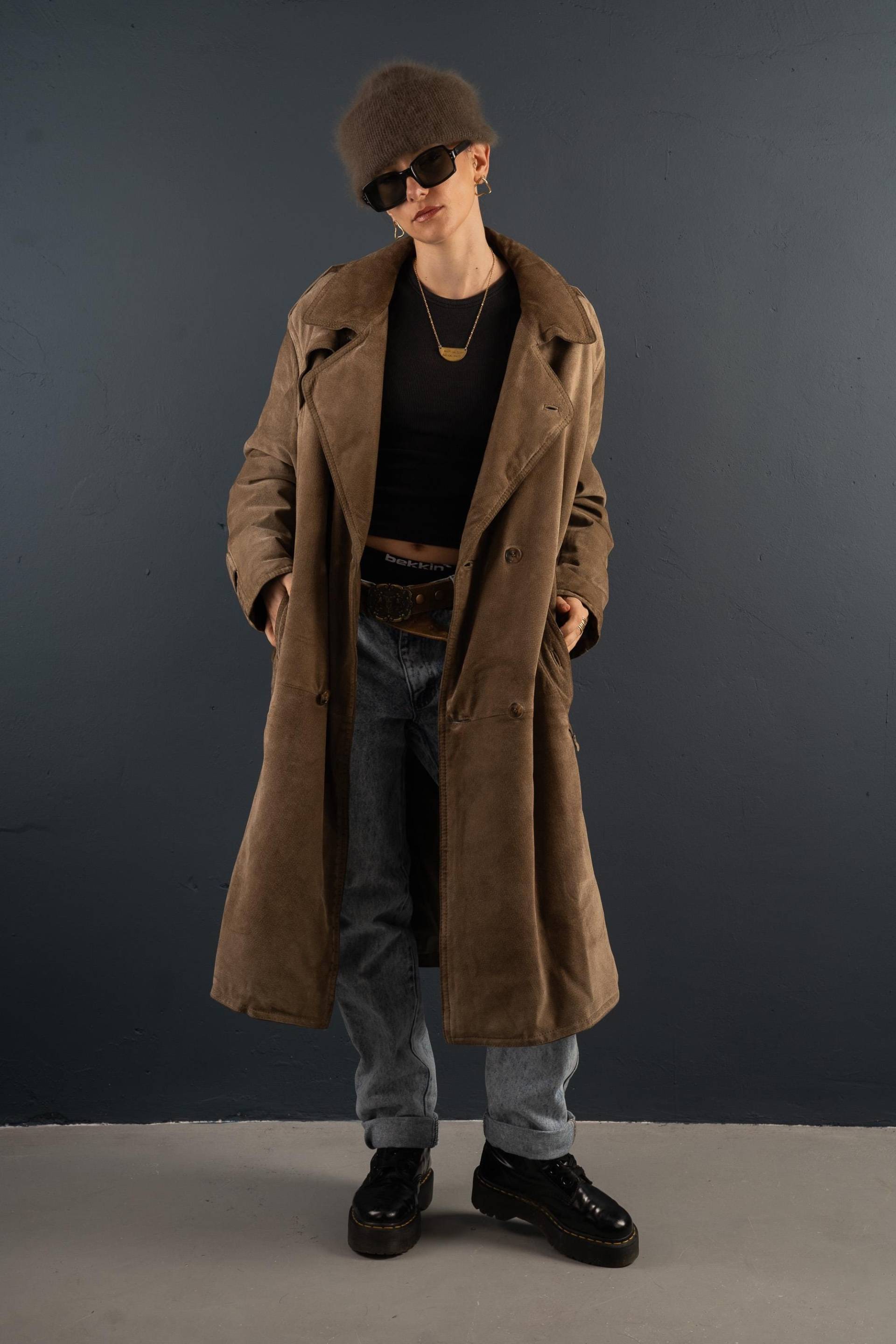 Vintage Leather Coat Suede Parka Velour Beige Brown Xl Oversized 80S von nonaClothingVintage