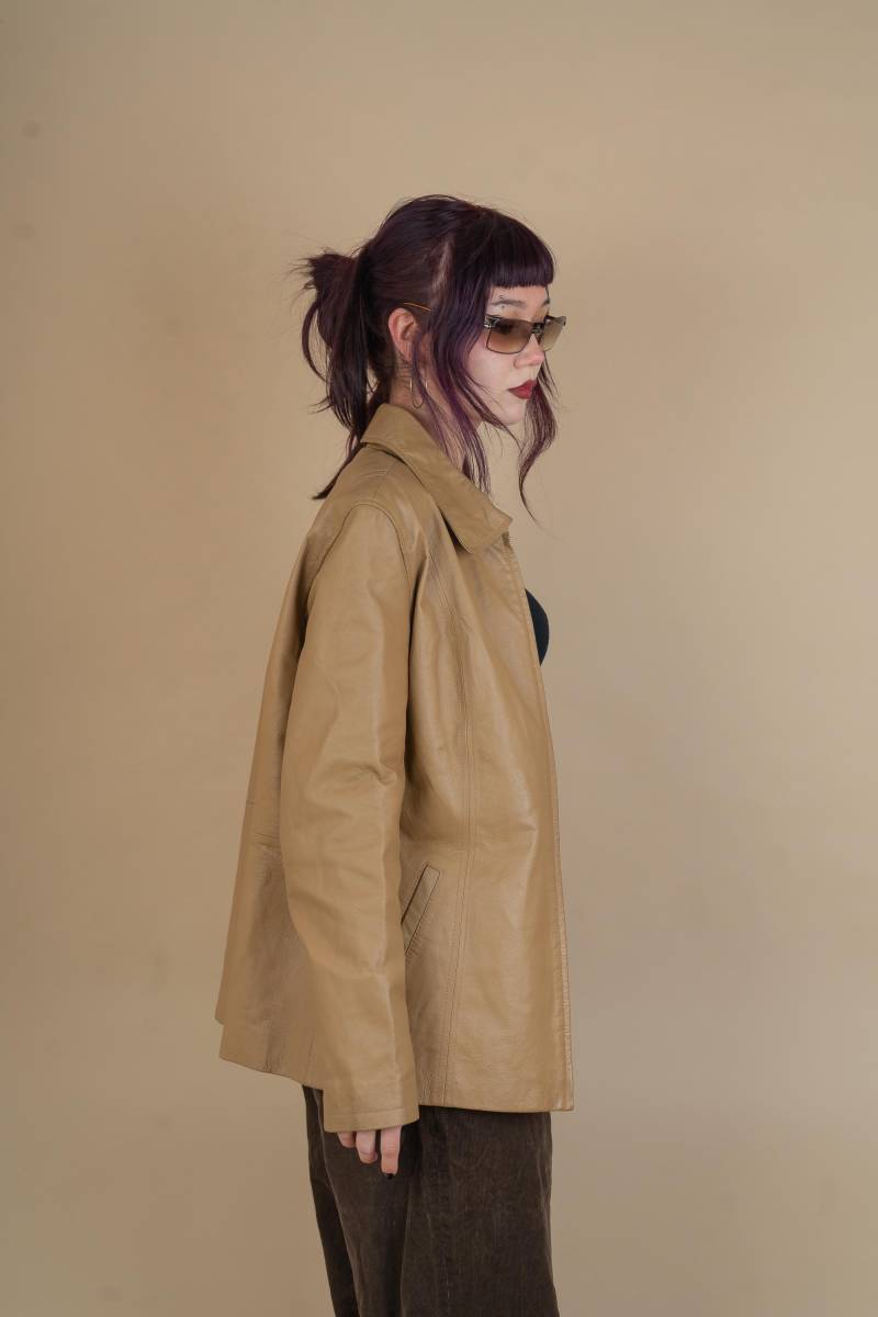 Vintage Leather Jacket Beige Minimalist Genuine Woman Size M 80S 90S von nonaClothingVintage