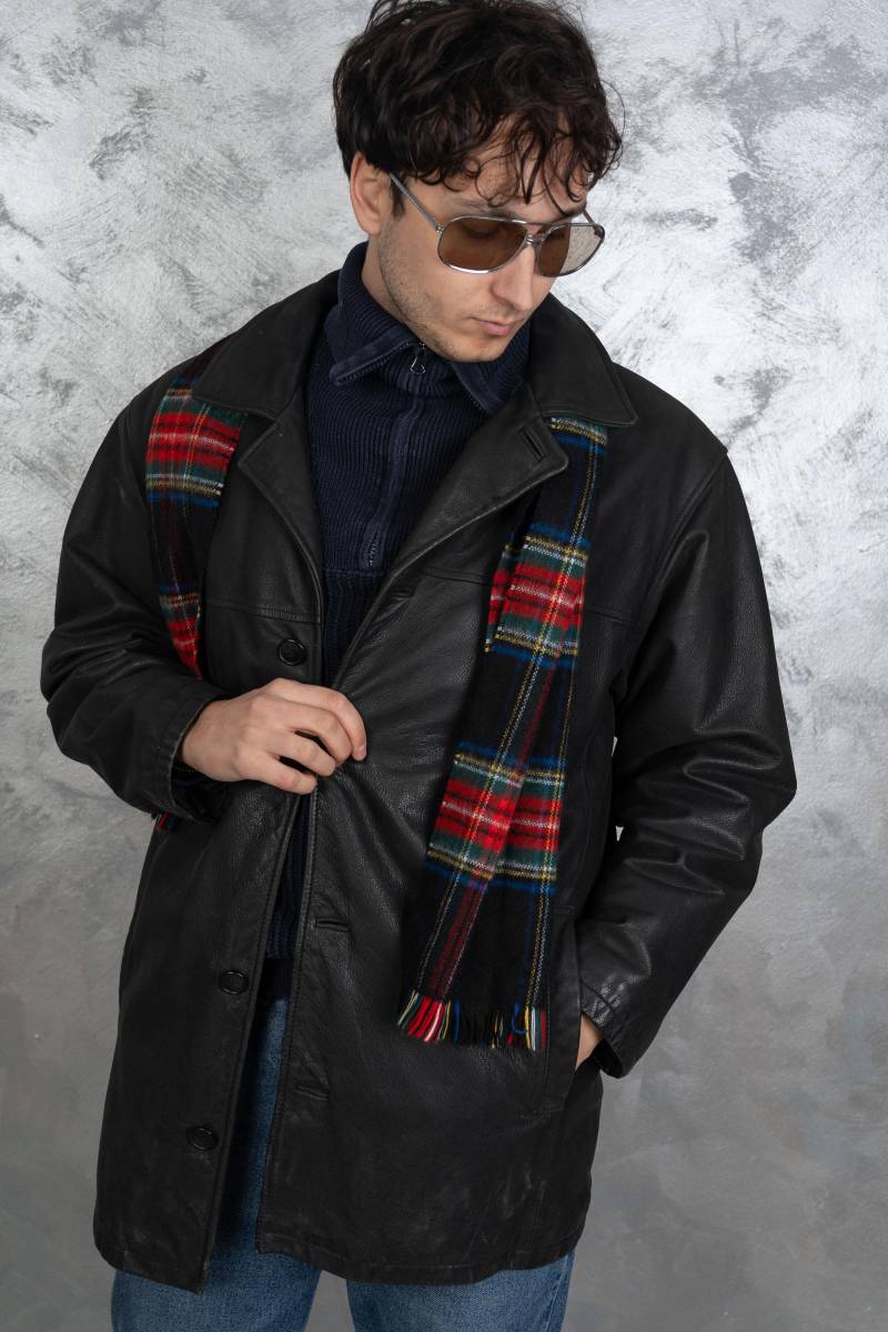 Vintage Leather Jacket Black Parka Size L Long Button Up Genuine Gender Neutral 80S 90S von nonaClothingVintage