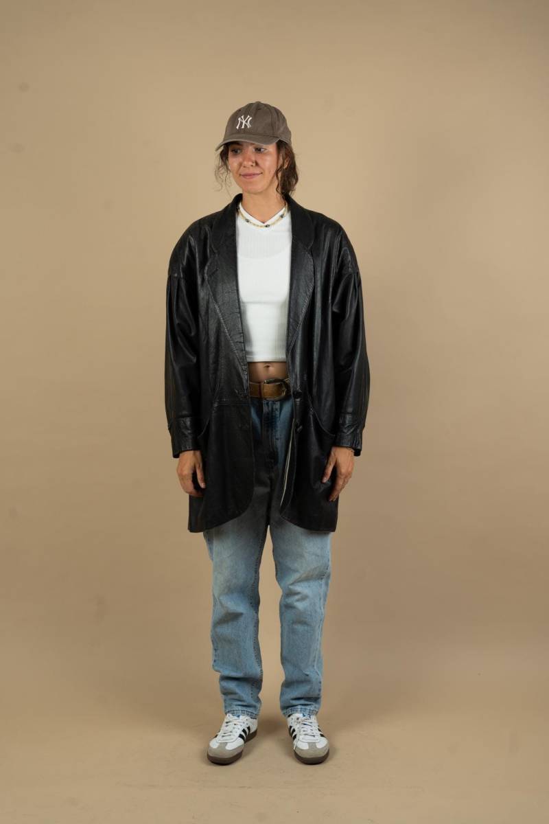 Vintage Leather Jacket Distressed Parka Black Blazer Size L 80S von nonaClothingVintage