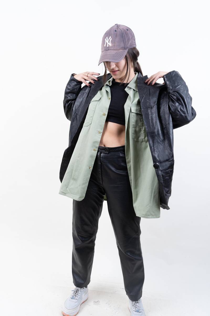 Vintage Leather Jacket Distressed Suede Parka Black Size L 80S von nonaClothingVintage