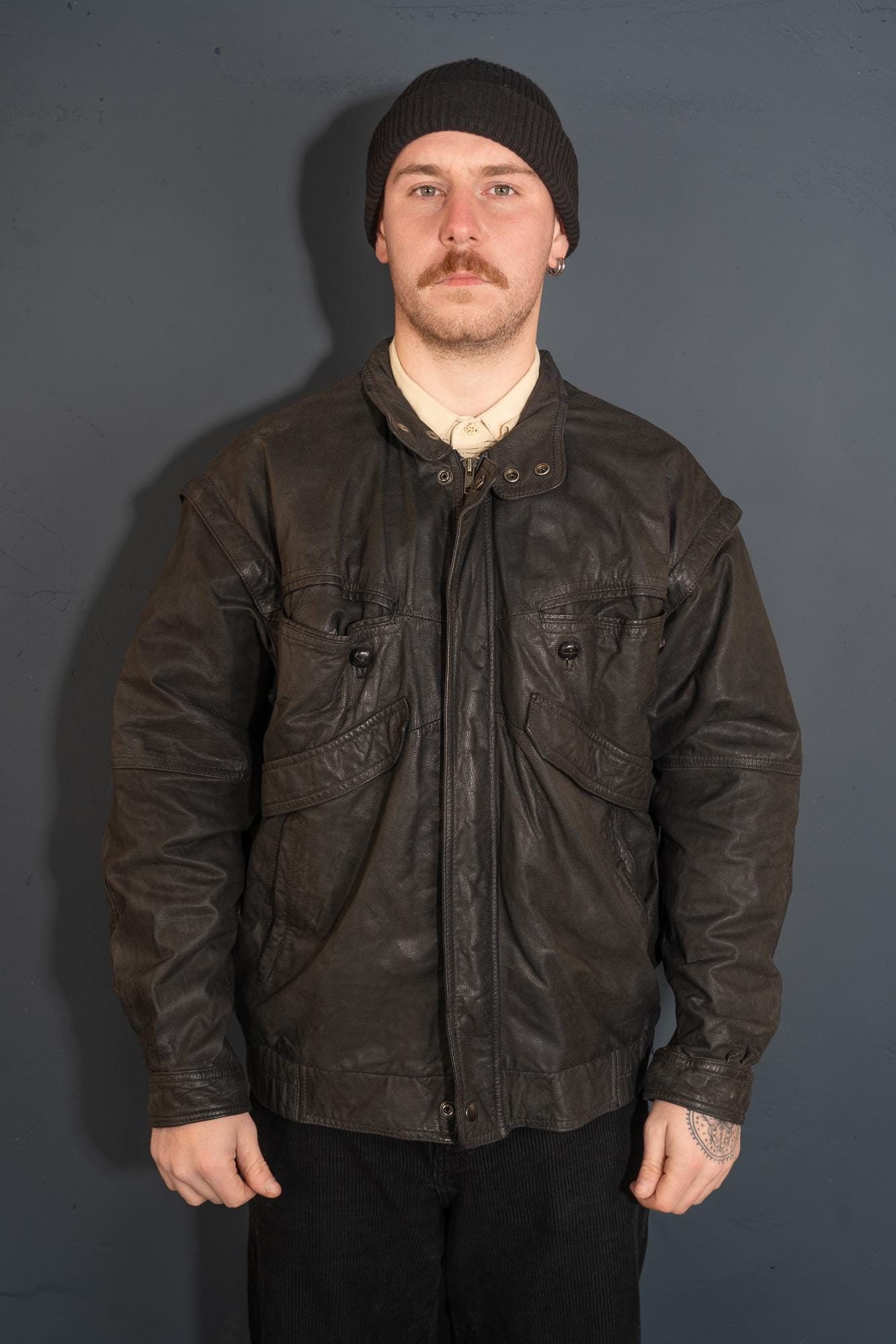 Vintage Leather Jacket Heavy Biker Minimalist Black Bomber Gender Neutral 80S Size M Second Hand von nonaClothingVintage