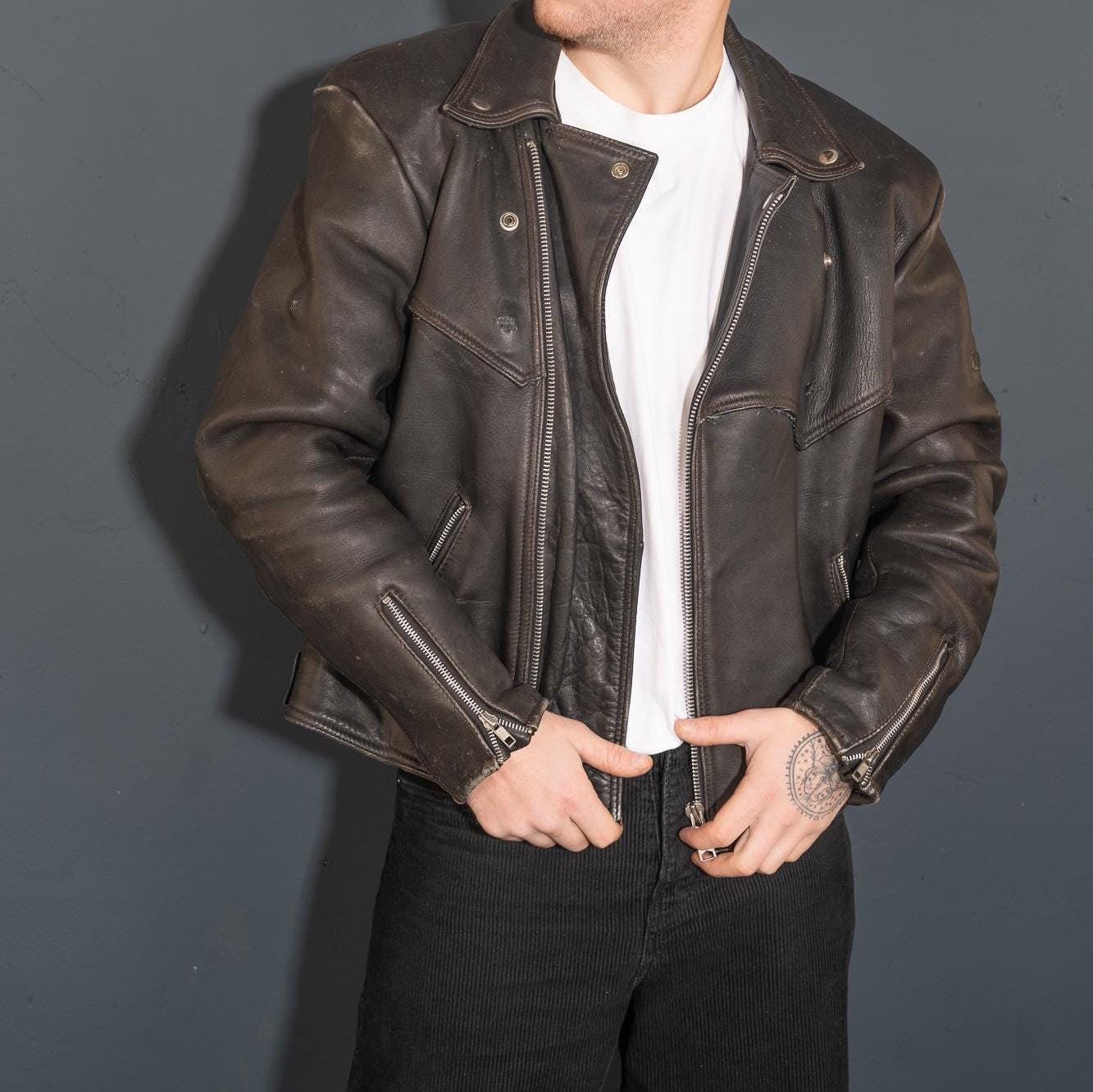 Vintage Leather Jacket Heavy Biker Minimalist Black Bomber Gender Neutral 80S Size M Second Hand von nonaClothingVintage