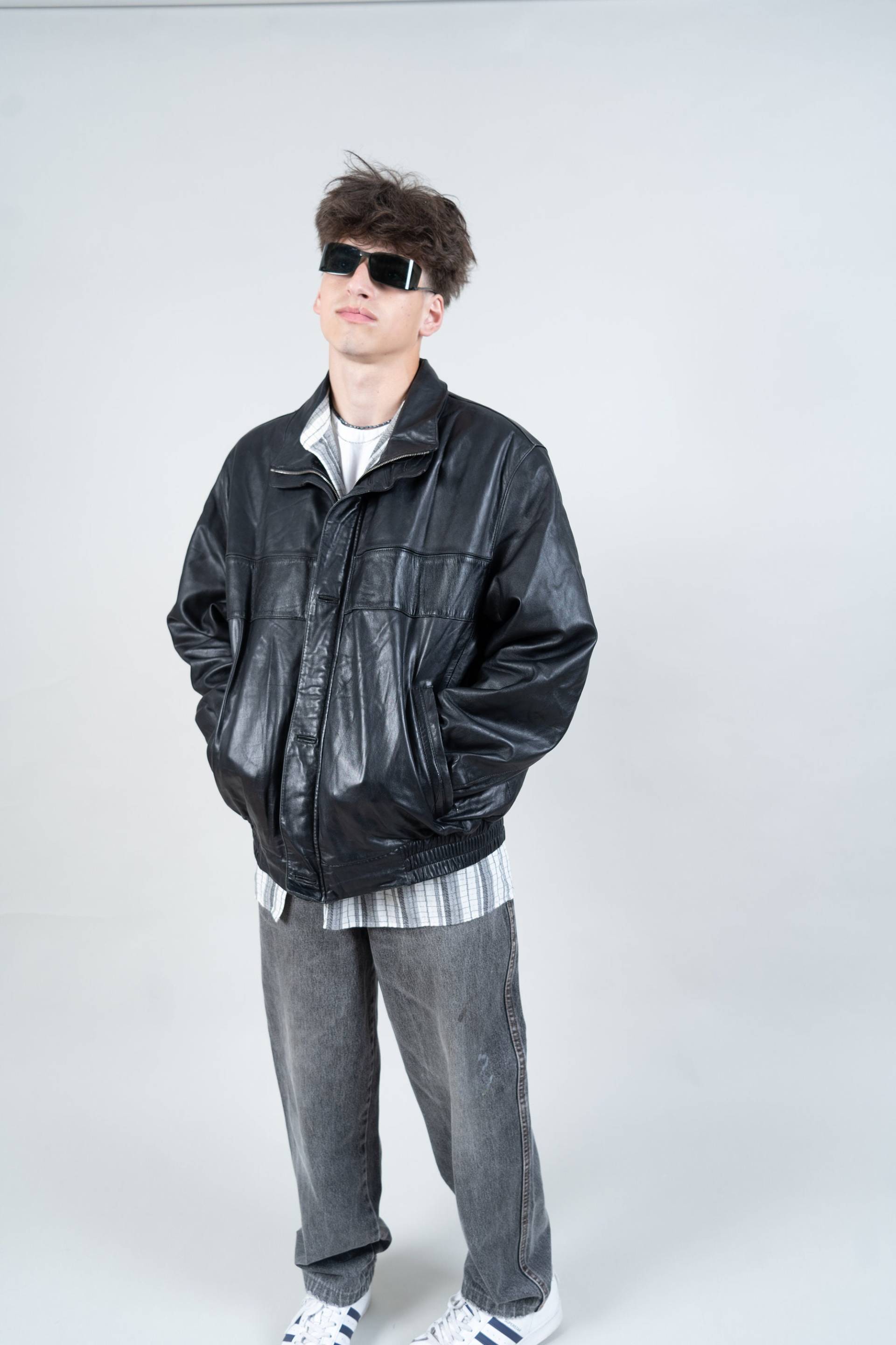 Vintage Leather Jacket Heavy Distressed Black Minimalist Gender Neutral 80S von nonaClothingVintage