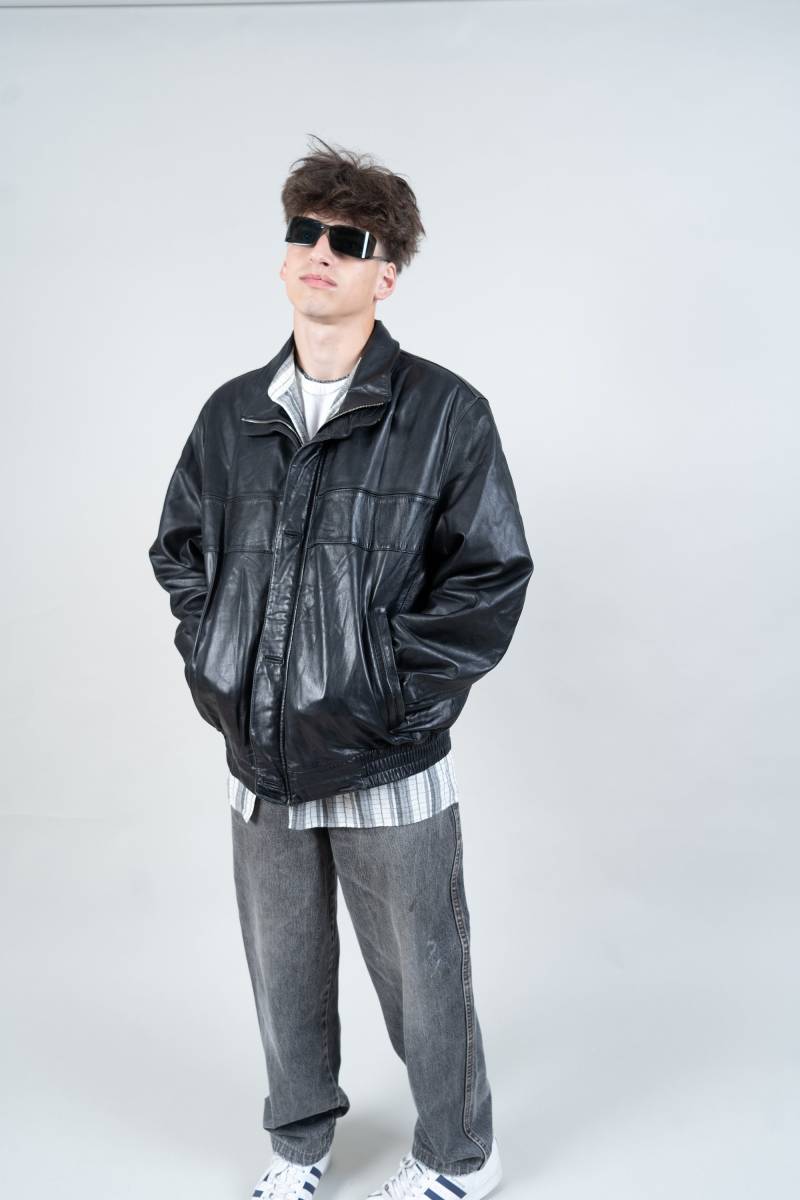 Vintage Leather Jacket Heavy Distressed Black Minimalist Gender Neutral 80S von nonaClothingVintage