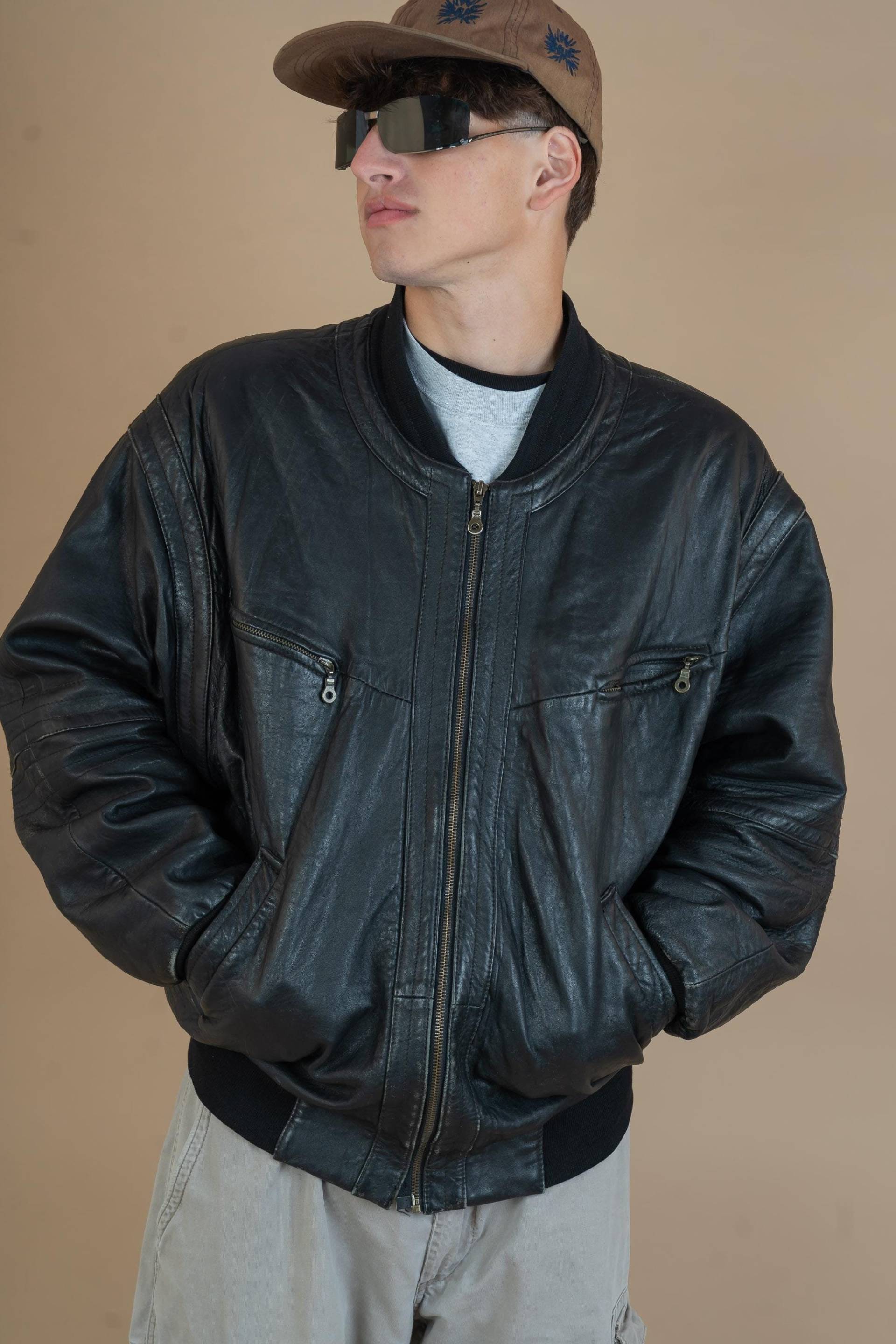 Vintage Leather Jacket Heavy Distressed Bomber Black Minimalist Gender Neutral 80S Size L - Xl von nonaClothingVintage