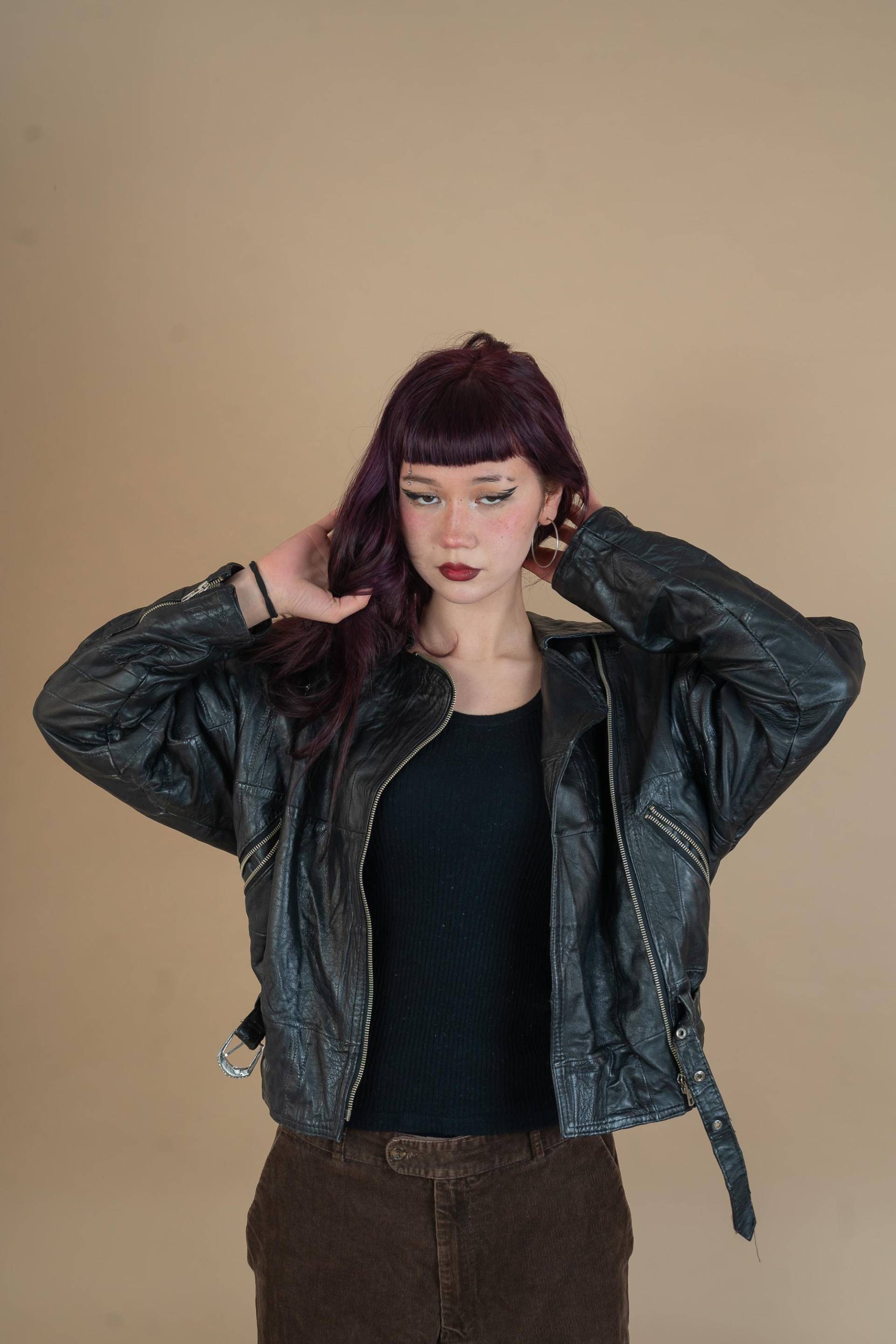 Vintage Leather Jacket Heavy Distressed Minimalist Black Bomber Biker Gender Neutral 80S Size S von nonaClothingVintage