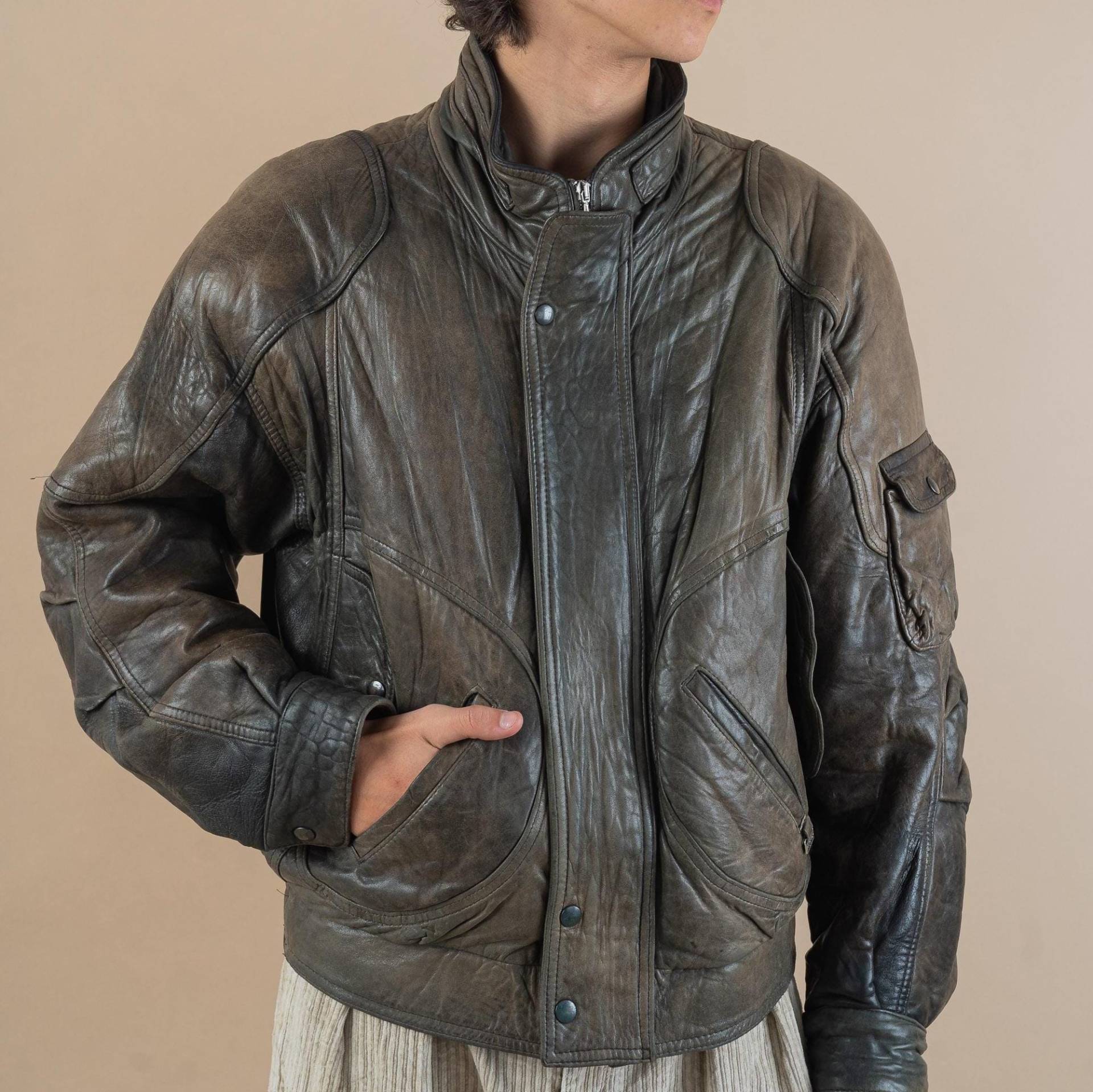 Vintage Leather Jacket Heavy Distressed Minimalist Brown Beige Bomber Gender Neutral 80S Size M/L von nonaClothingVintage