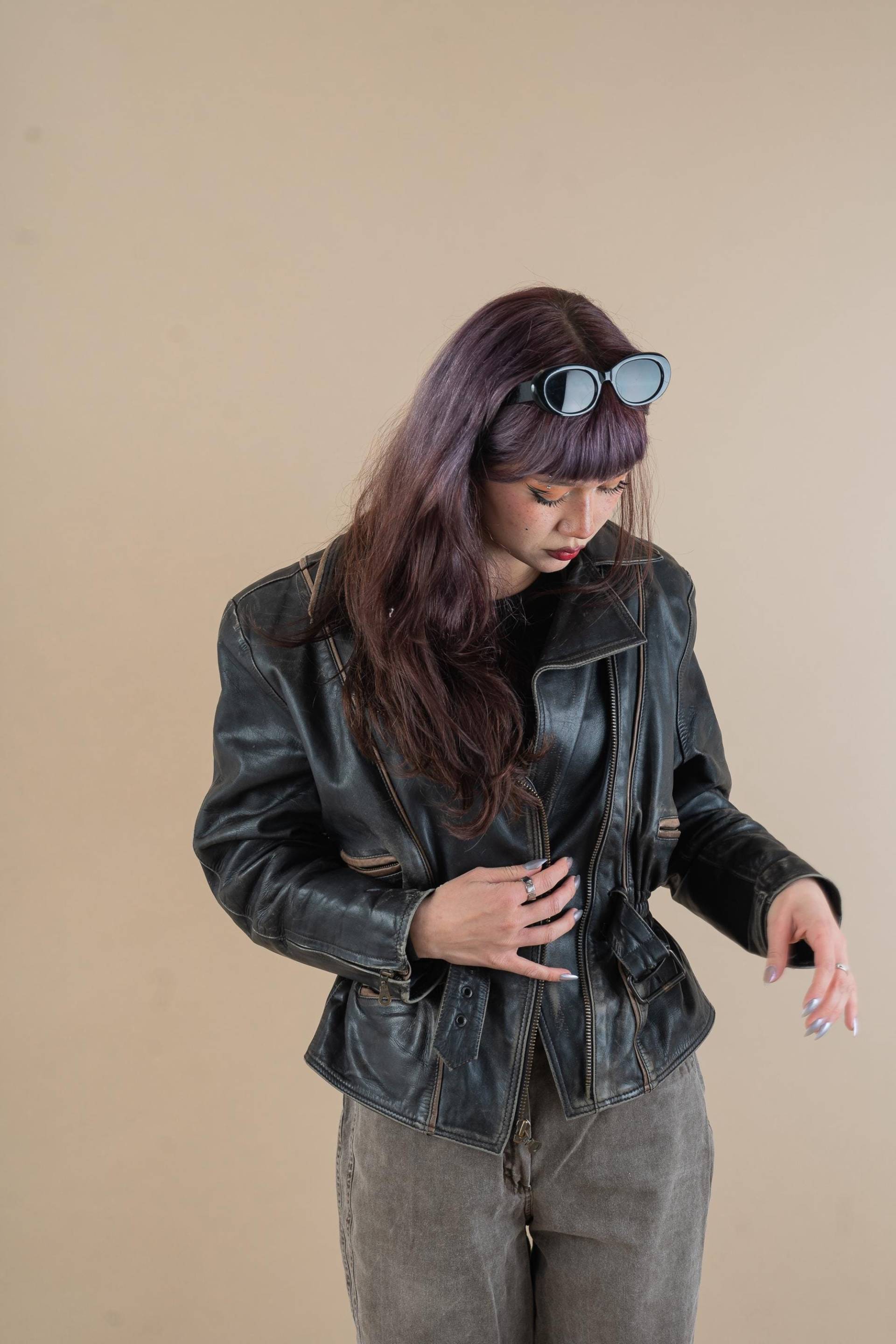 Vintage Leather Jacket Heavy Distressed Minimalist Brown Bomber Biker Gender Neutral 80S Size S von nonaClothingVintage