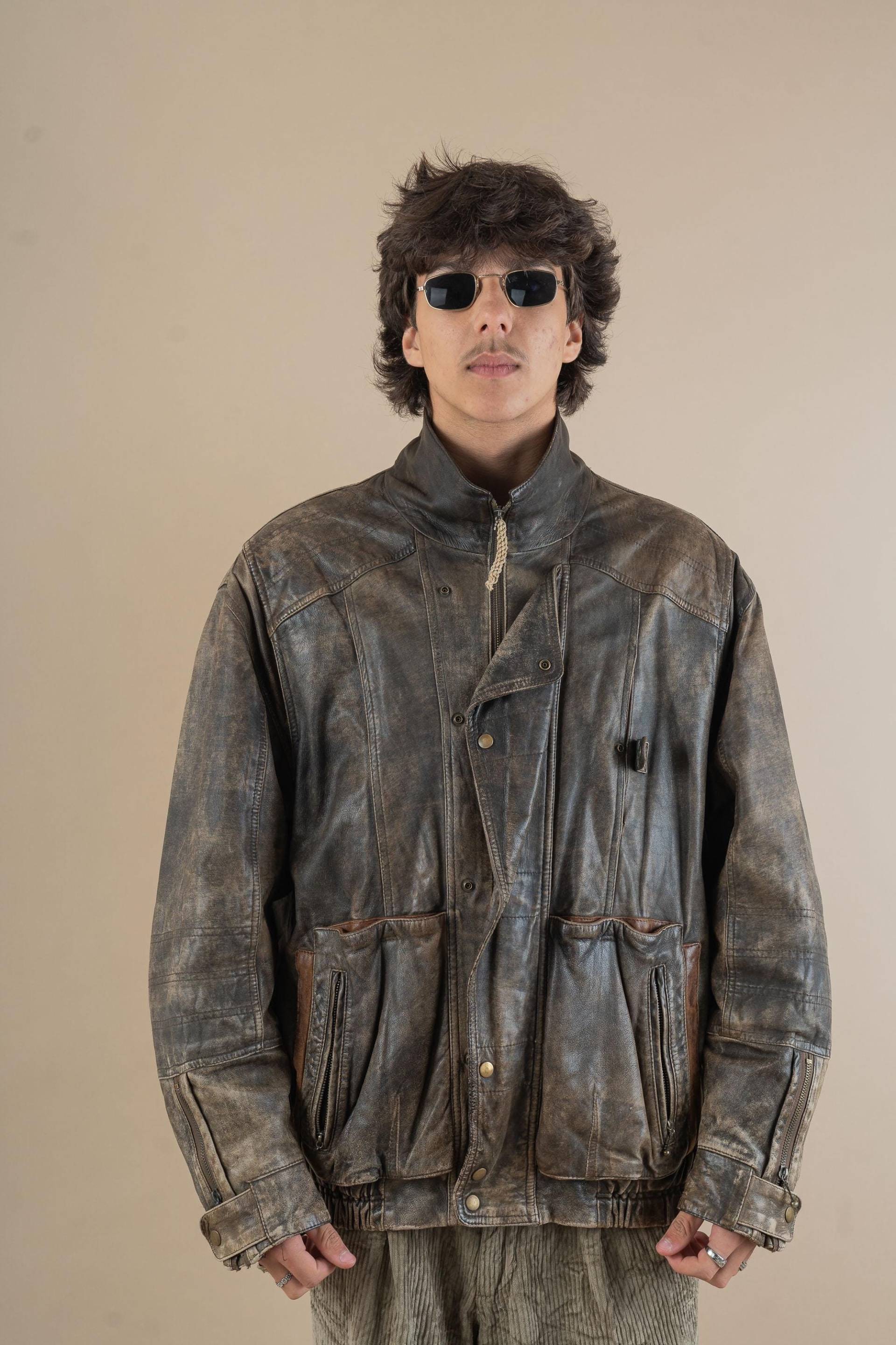 Vintage Leather Jacket Heavy Distressed Minimalist Brown Bomber Gender Neutral 80S Size L von nonaClothingVintage