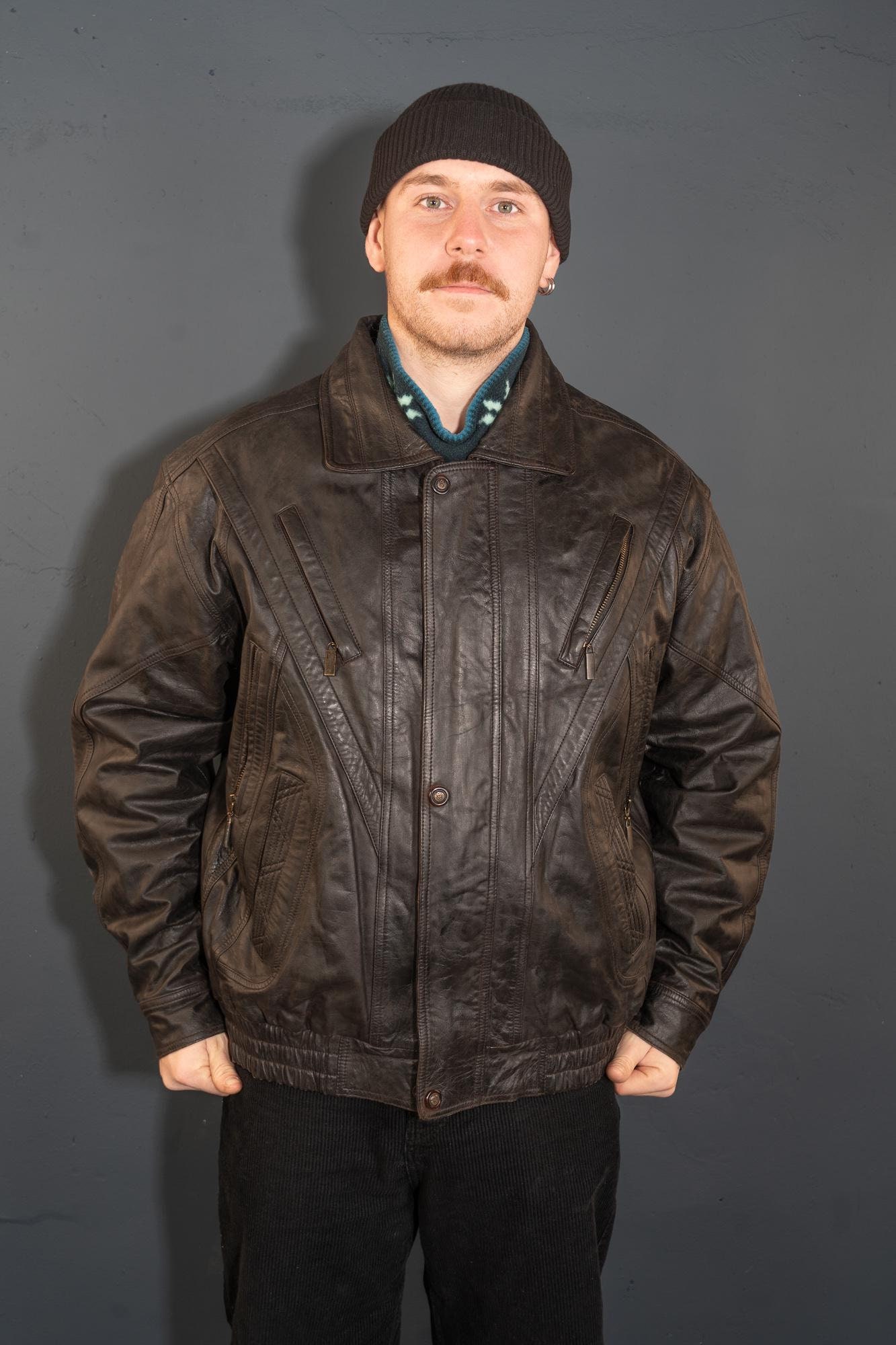 Vintage Leather Jacket Heavy Distressed Minimalist Brown Bomber Gender Neutral 80S Size M/L von nonaClothingVintage