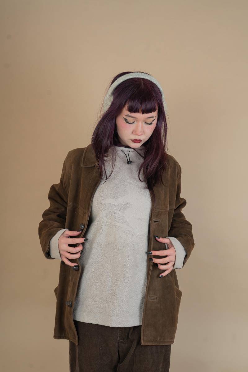 Vintage Leather Jacket Parka Brown Suede Size L Button Up 80 90S Gender Neutral von nonaClothingVintage