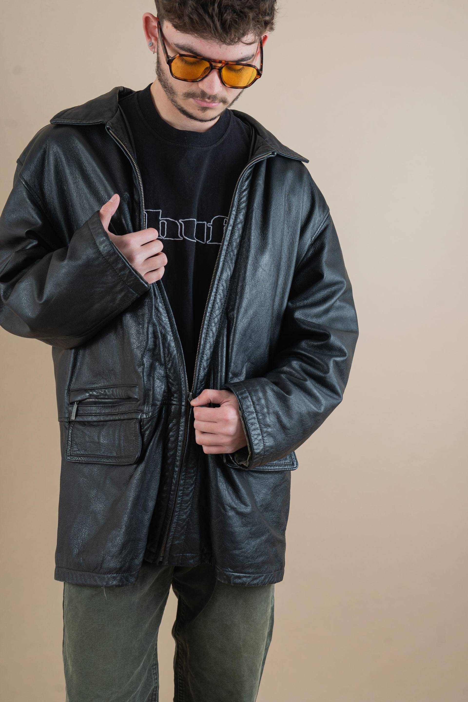 Vintage Leather Jacket Parka Overcoat Black Genuine Soft Quitted Lining Size Xl Oversized Gender Neutral von nonaClothingVintage