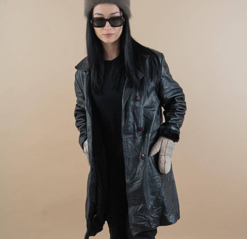 Vintage Leather Jacket Parka Overcoat Black Genuine Soft Quitted Lining Size Xl Oversized Gender Neutral von nonaClothingVintage