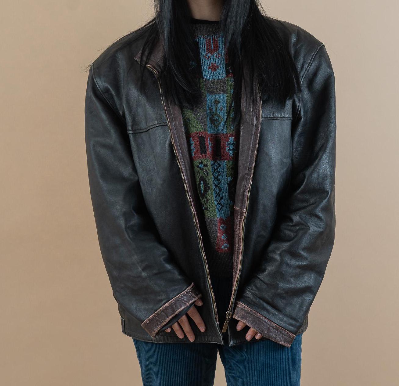 Vintage Leather Jacket Soft Distressed Minimalist Brown Bomber Gender Neutral 80S Size Xl von nonaClothingVintage