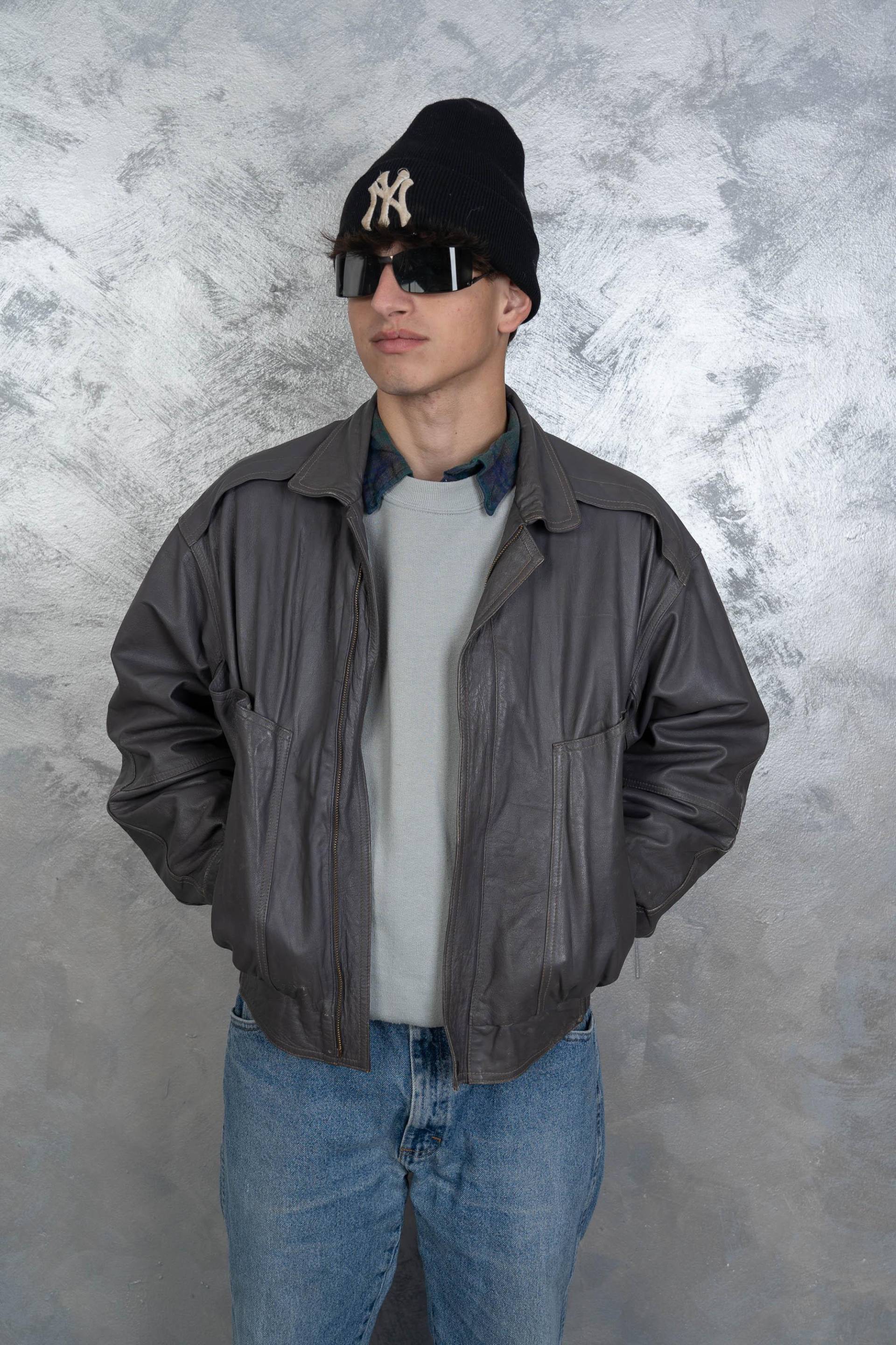 Vintage Leather Jacket Soft Genuine Distressed Bomber Grey Minimalist Gender Neutral 80S Size M Second Hand von nonaClothingVintage