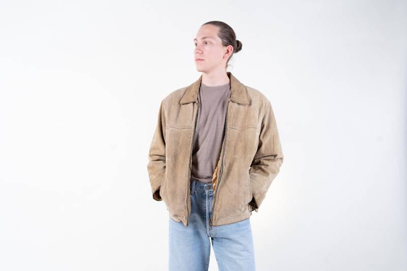 Vintage Leather Jacket Velour Size M - L Beige Gender Neutral 80S von nonaClothingVintage