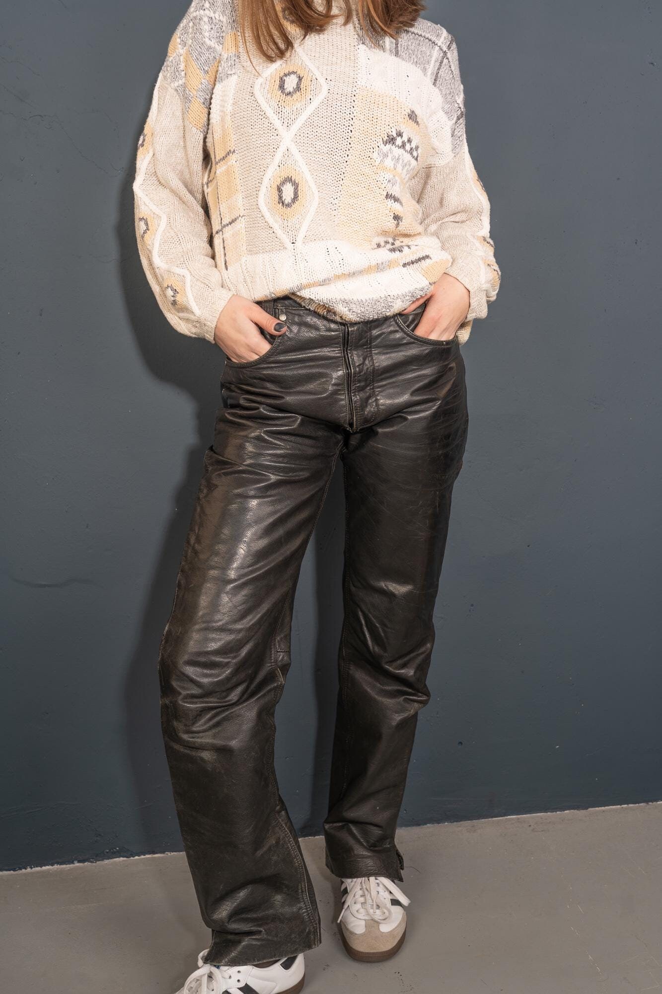 Vintage Leather Pants Black With Pockets High Waist Size S 80S 90S von nonaClothingVintage