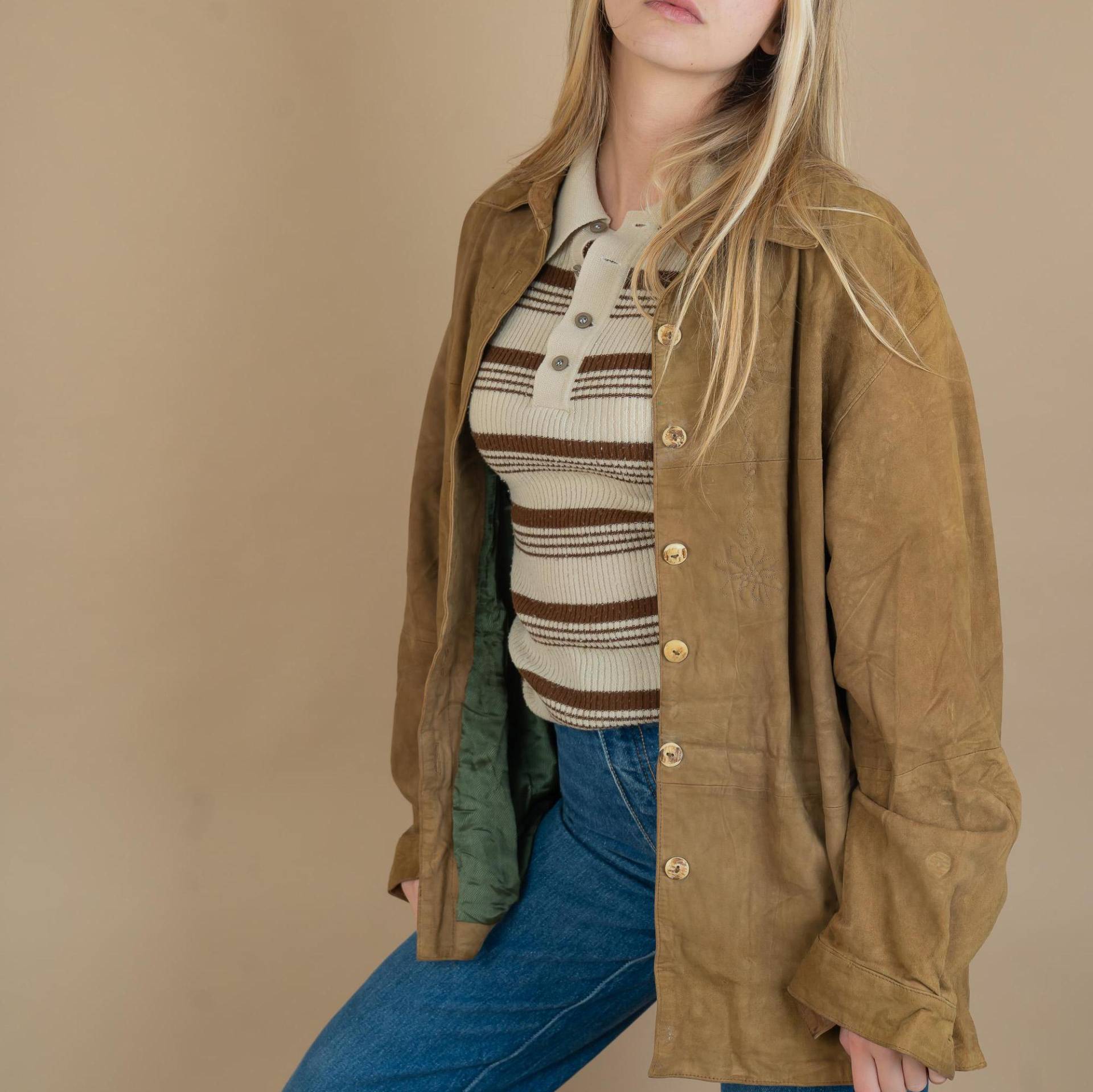 Vintage Leather Shirt Jacket Suede Brown Cream Button Up Size S/M 80S von nonaClothingVintage