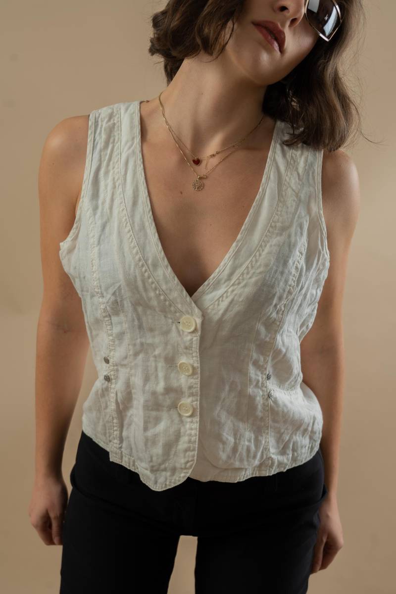 Vintage Linen Top Shirt Button Up White/Cream Size L 90S von nonaClothingVintage