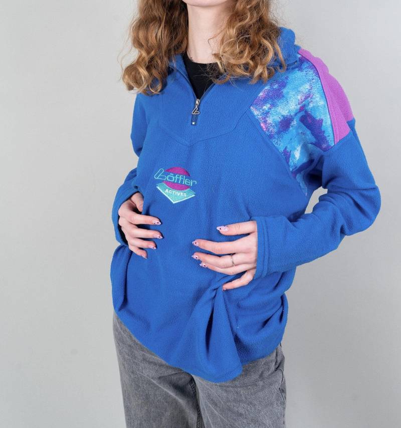 Vintage Löffler Fleece Jumper Sweatshirt Blue Crazy Pattern Size M 80S 90S von nonaClothingVintage