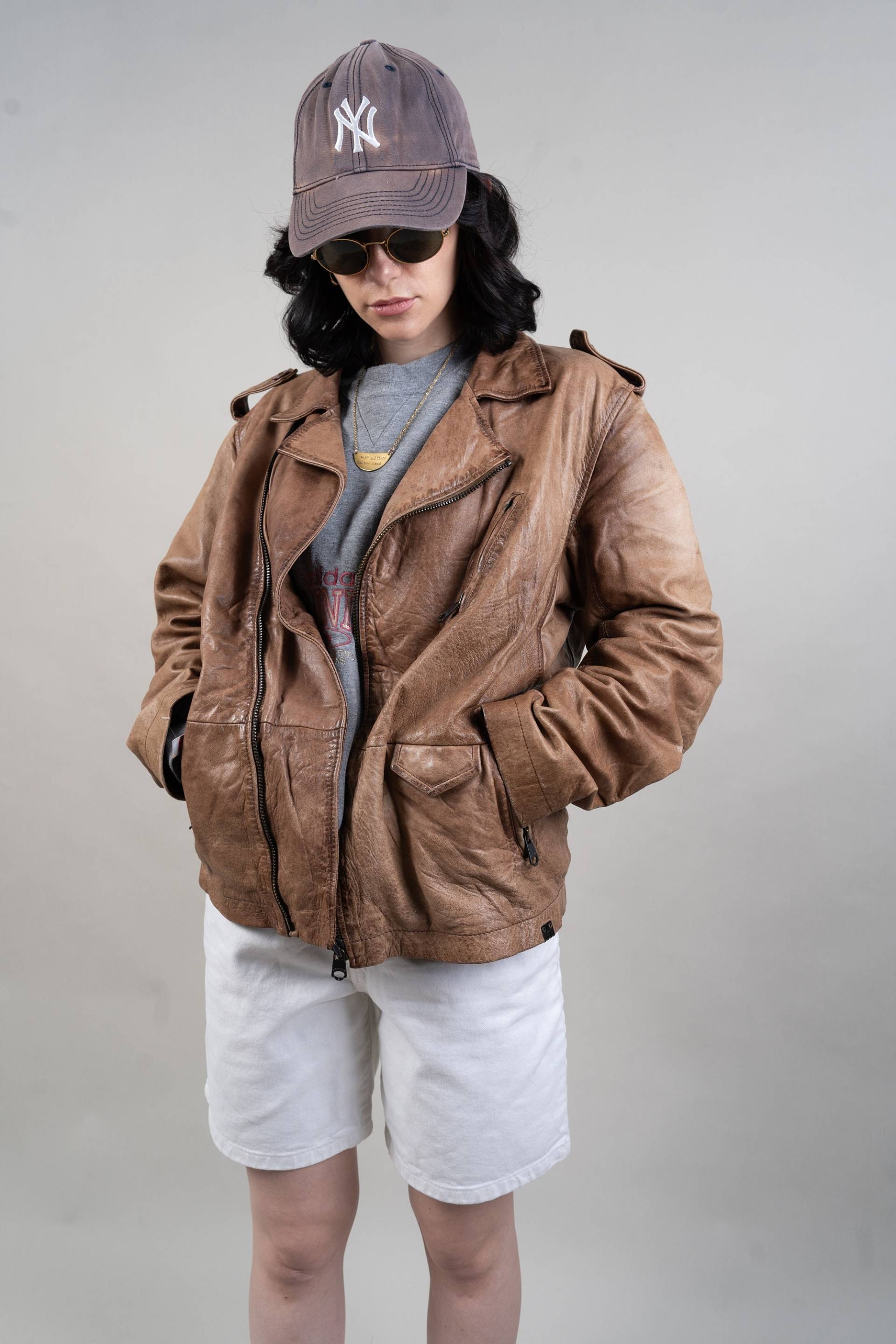 Vintage Marc'o' Polo Leather Jacket Campus Distressed Brown Size L von nonaClothingVintage