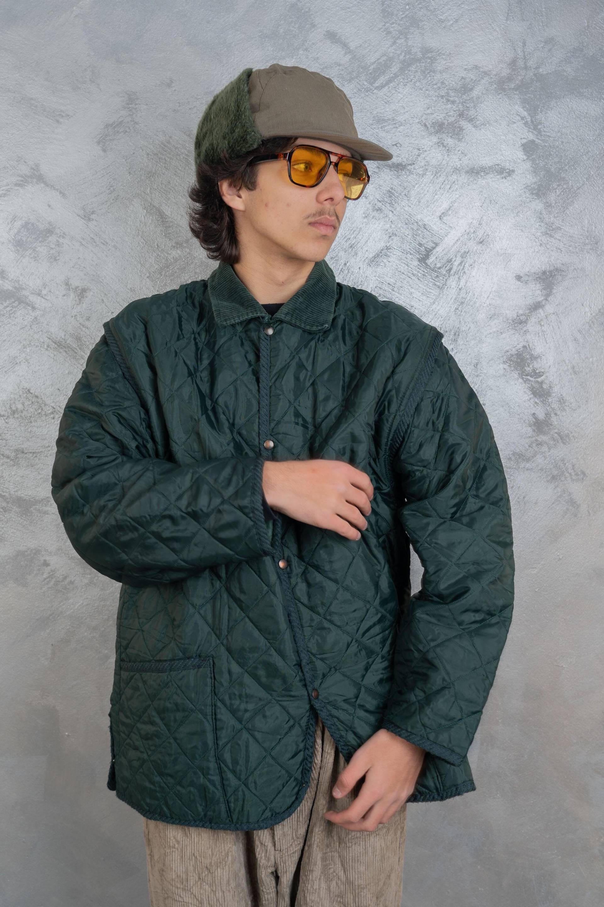 Vintage Parka Green Quilted Jacket Utility Gender Neutral Khaki 80S 90S Size M - L Second Hand Corduroy Neck & Hem von nonaClothingVintage